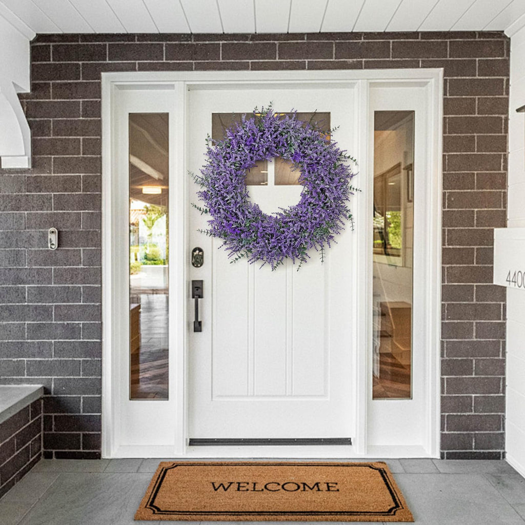 TOCHGREEN Lavender Wreath for Front Door 23Inch Artificial Spring Summer Purple Lavender Wreaths All Seasons Eucalyptus Wreaths for Indoor Outdoor Outside Wall Room Home Farmhouse Window Decor