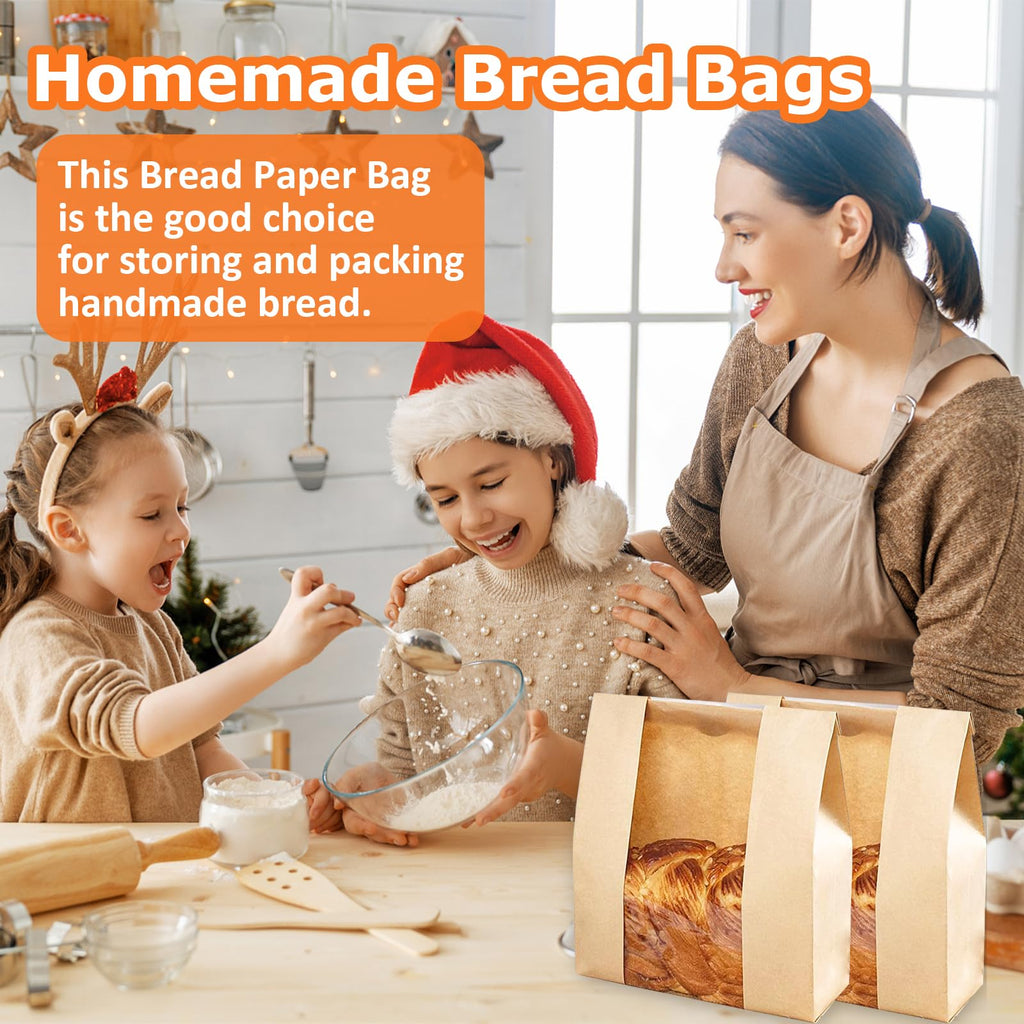 50 Pcs Paper Bread Bags for Homemade Bread Sourdough Bread Bags with Window Brown Kraft Paper Bakery Bread Bags Loaf Bags-13.7x8.2x3.5 inch