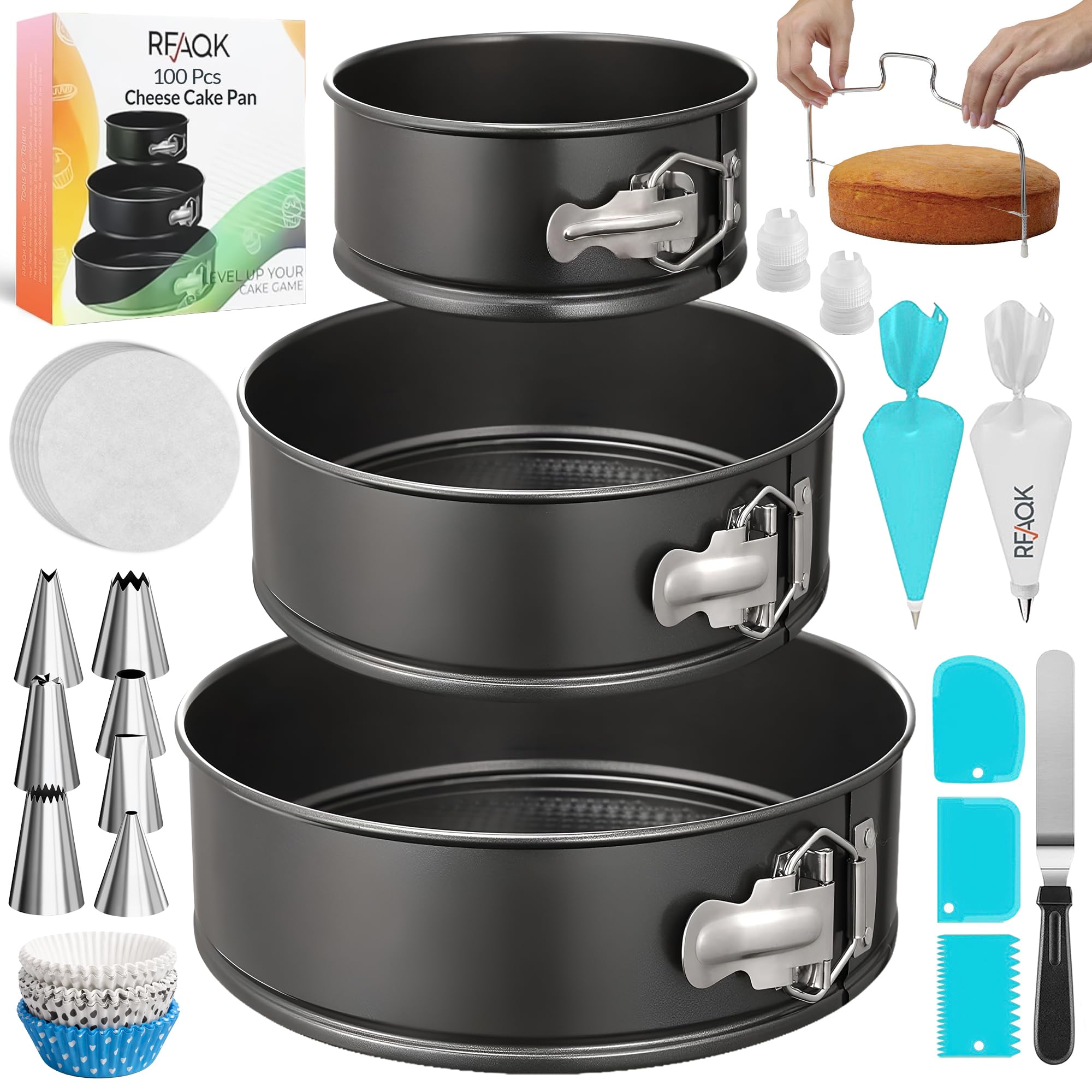 Cake Pans with Baking Supplies | 100 Pcs Springform Pan Set Includes 3 Round Non-Stick Moule a Gateau (4,7,9 inches Baking Pan)-Icing Tips-Leveler–Leak Proof Cheesecake Pan-Baking Set & EBook By RFAQK