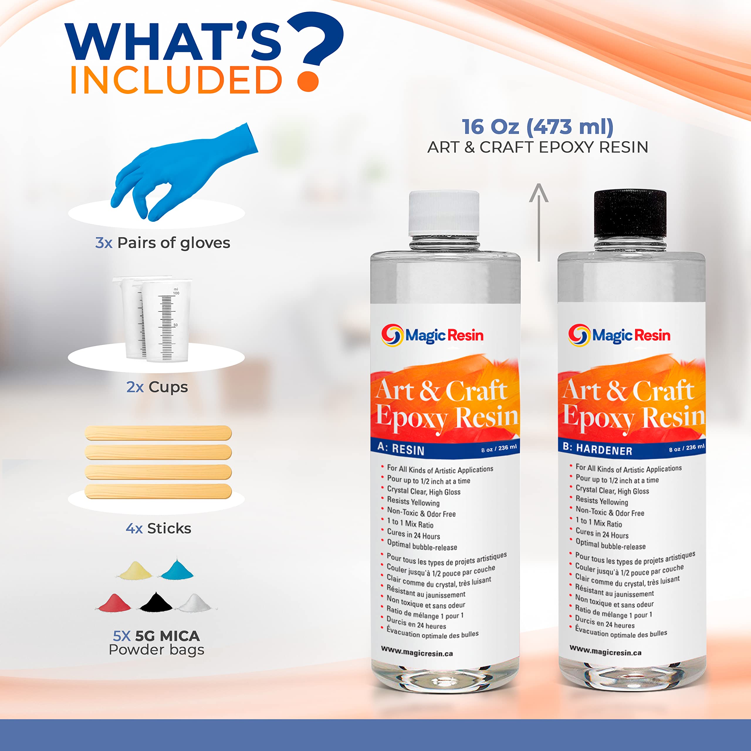 Epoxy Resin Kit for Art & Craft | 16oz (473ml) | UV Resistant | Clear Epoxy Resin | Jewelry, Earrings, Coasters, Casting, Molding, Crafting & more | Includes 2 pairs of gloves, 2 cups, 4 sticks & mica