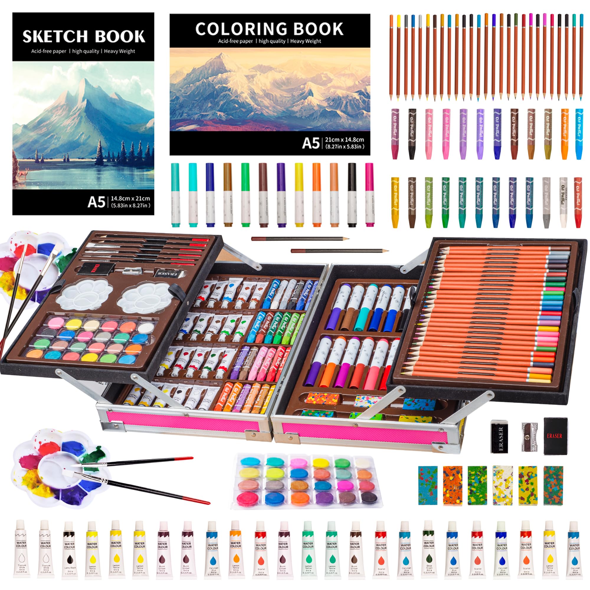 KINSPORY Art Kit, 139 Pack Art Supplies with 2 Sketch Pads, Deluxe Wooden Art Set Crafts, Watercolor Pens, Colored Pencils, Oil Pastels, Paints, Painting Drawing Coloring Gift for Artists Kids (Pink)