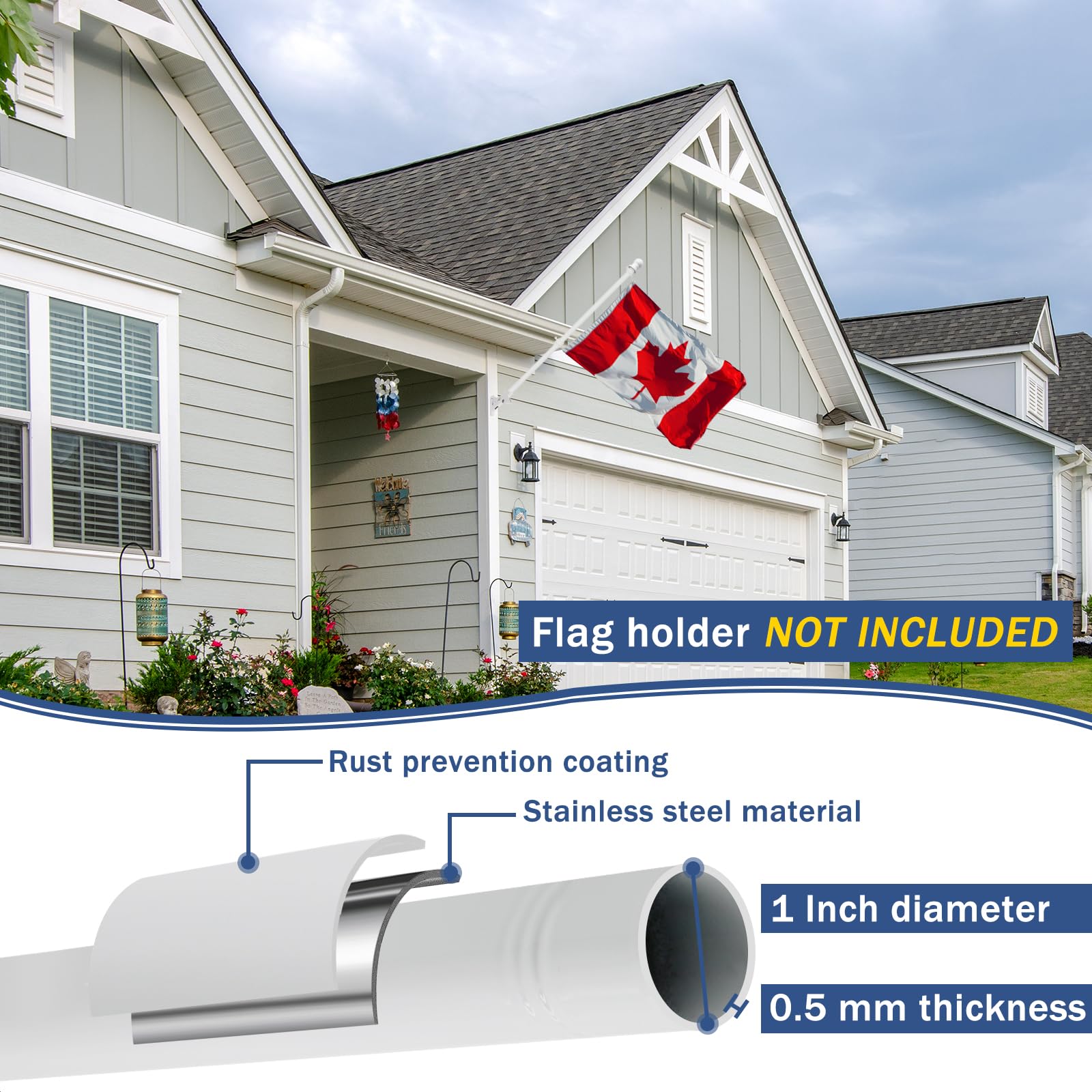 NQ Outdoor Flag Pole with Holder for Outside House,5FT Stainless Steel Wall Mounted Flag Pole Kit with Bracket,Flagpole for Porch Yard or Commercial (White)