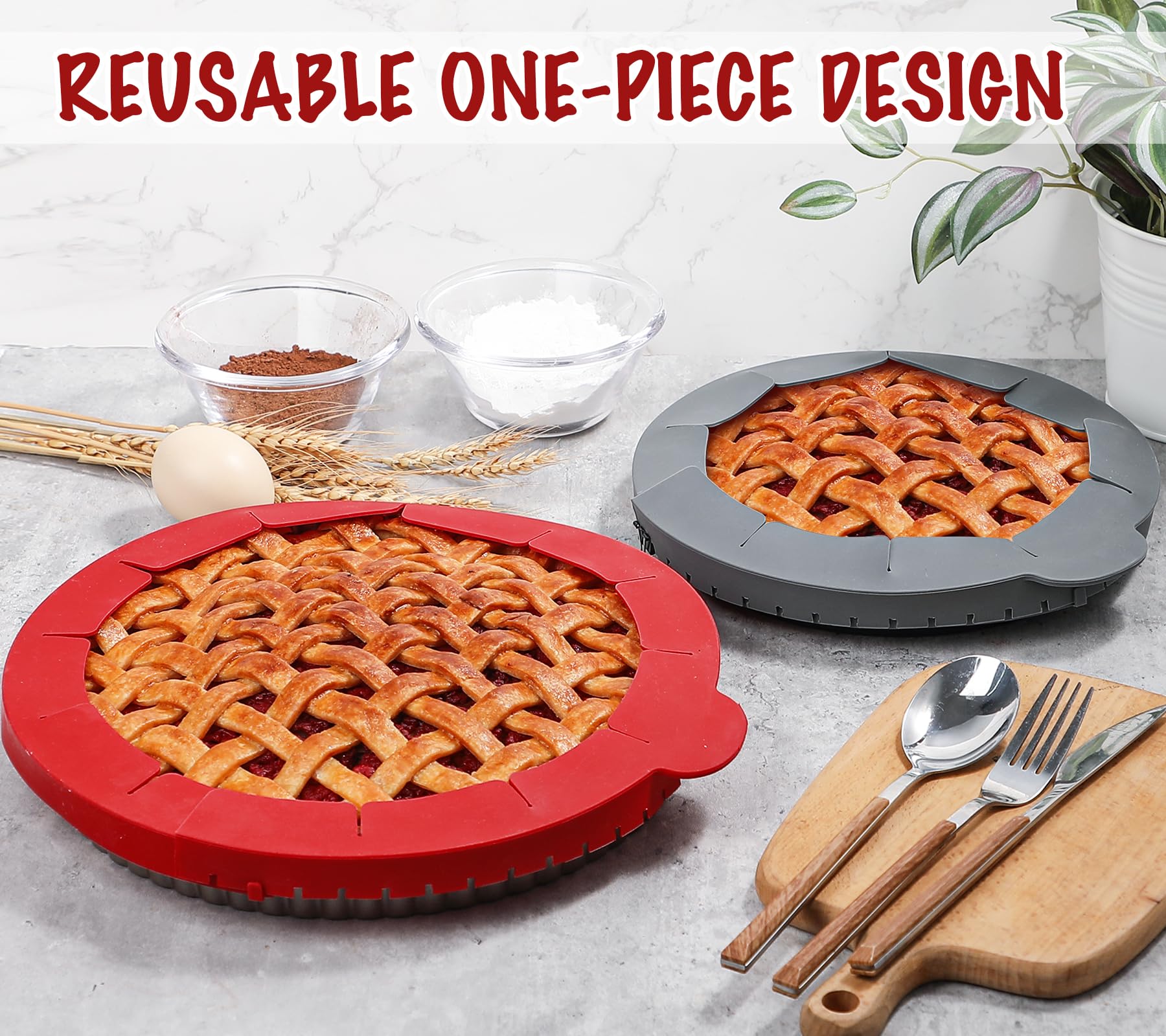 Webake Pie Crust Protector Shield Adjustable Pie Crust Shield Fits 11.5-9 Inch Pie Pan, European Food Grade Silicone Pinch Test Passed, Pack of 2, Red and Grey