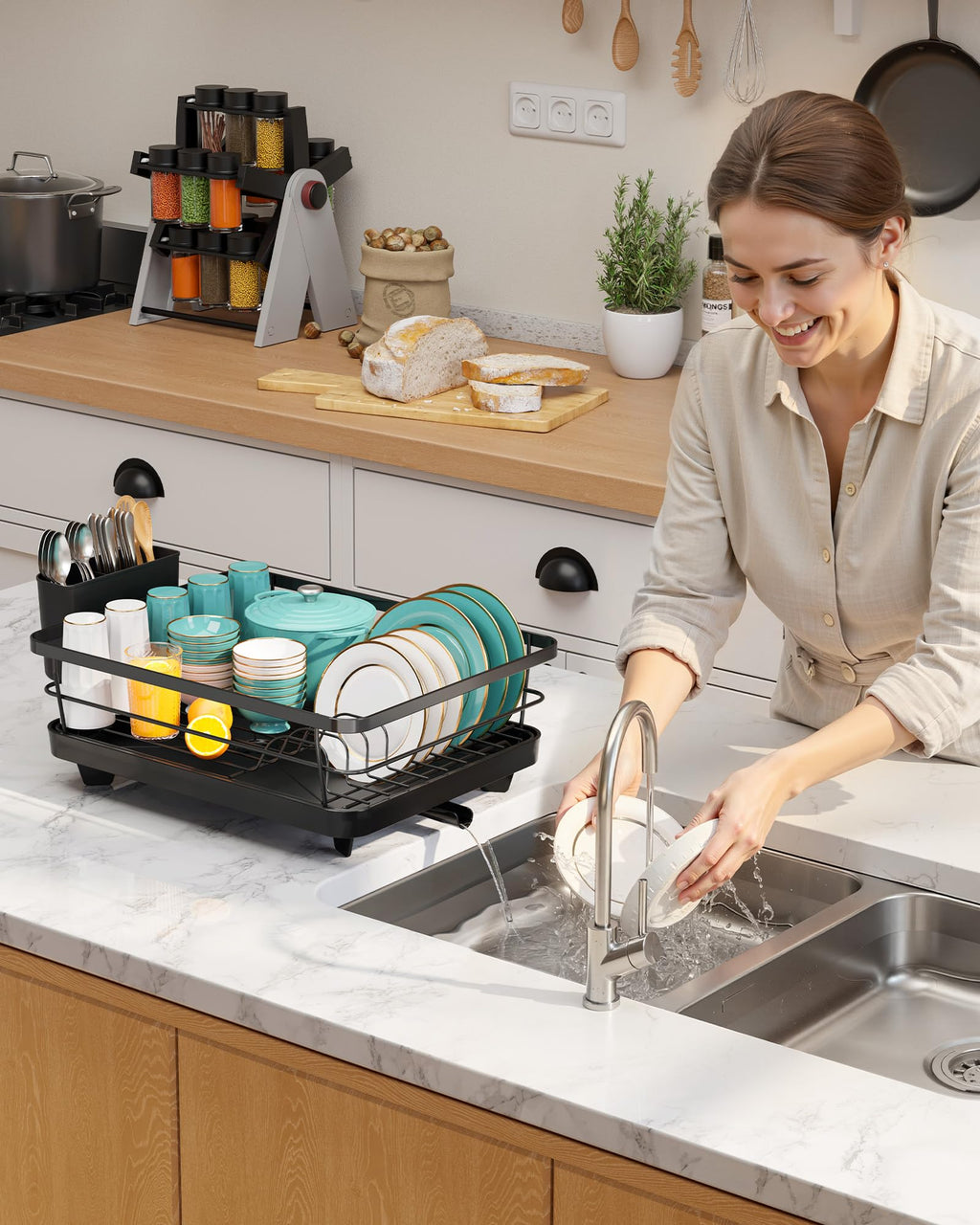 Sakugi Dish Drying Rack - Compact Dish Racks with Drain Board for Kitchen Counter, Durable Stainless Steel Dish Rack Used in Sink & on Countertop, Dark Black, Large