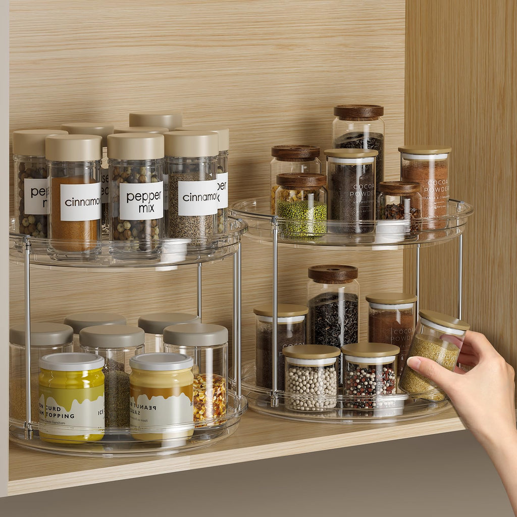 LAMU 2 Pack 2 Tier Lazy Susan Turntable Organizer 9.25'' Rotating Spice Rack Organization for Cabinet, Table Top, Pantry, Countertop, Bathroom, Vanity, Medicine Cabinet Organizer, Clear