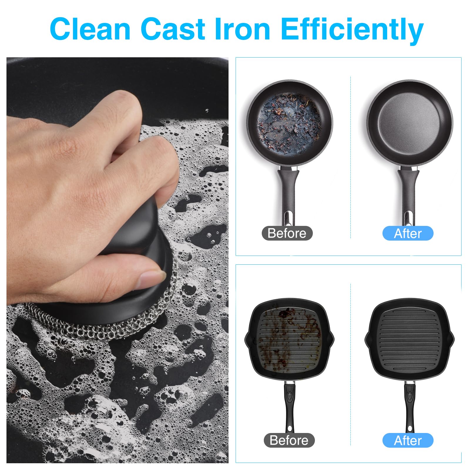 Upgraded Cast Iron Skillet Scrubber with Ergonomic Handle, Chain Mail Cleaning Scrubber for Cast Iron Pans Griddle Cleaning Brush with Pan Grill Scrapers