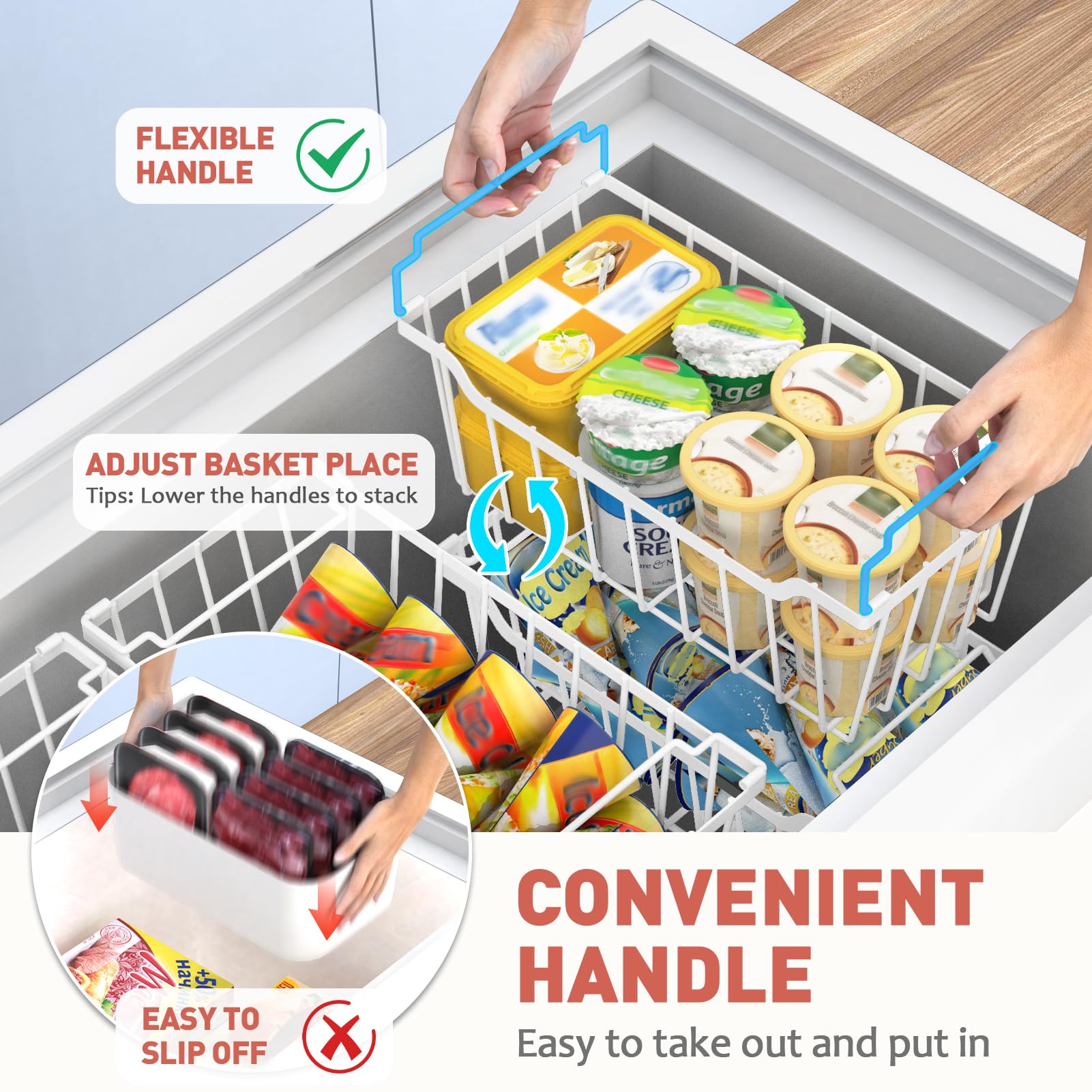 Goovilla Freezer Organizer Bins with Foldable Handle, 4 Pack Stackable Freezer Baskets for 3.5-7 Cu.FT Deep Chest Freezer Organization, White Metal Freezer Storage Bins with Better Space Utilization