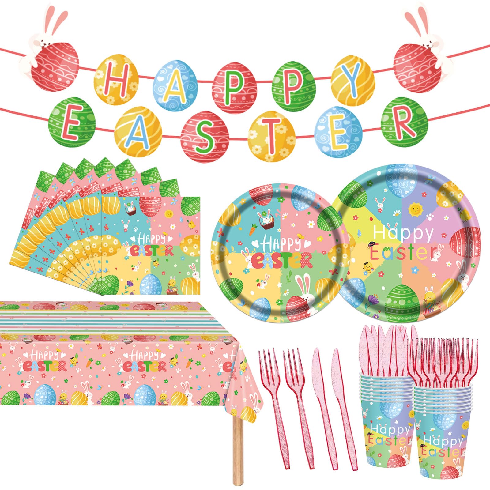 98PCS Easter Party Supplies Happy Easter Paper Plates and Napkins Colorful Easter Bunny Egg Tableware Set Spring Easter Party Decorations Easter Holiday Party Disposable Dinnerware Set for 16 Guests