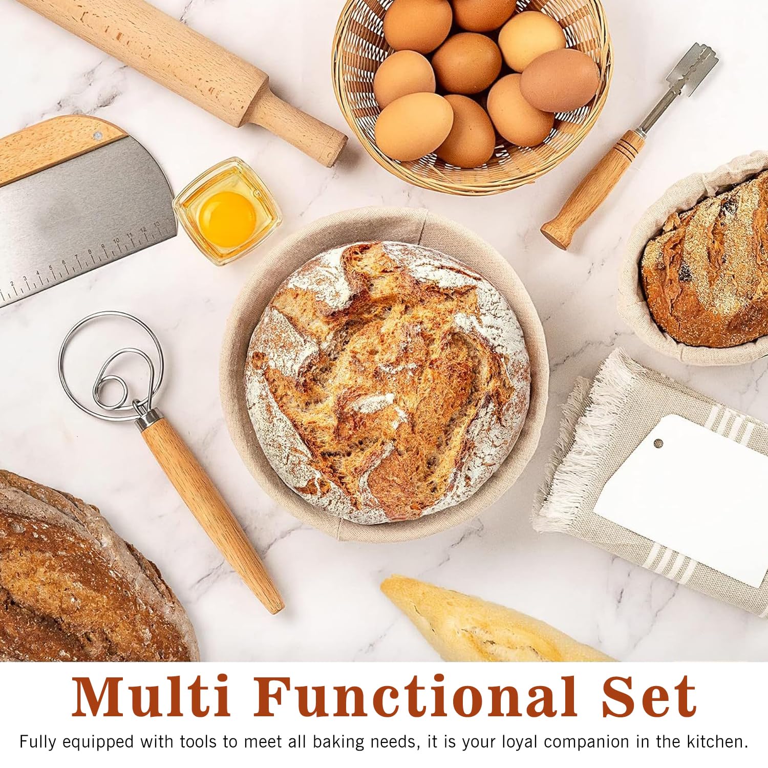 Bread Proofing Basket Set, 9" Round and 10" Oval Banneton Proofing Basket with Linen Liner Cloth, Danish Dough Whisk, Bread Scoring Lame,Stainless Steel Dough Scraper (9 inch Round & 10 inch Oval Set)