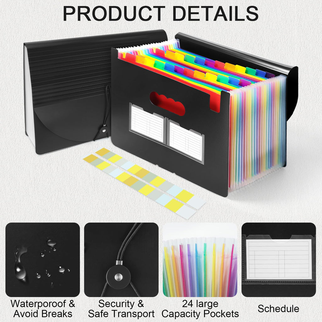 2 Pack 24 Pockets Expanding File Folder with Handle, A4 Letter Size Portable Accordian File Organizer, Document Folder with Handle for School, Office, Home
