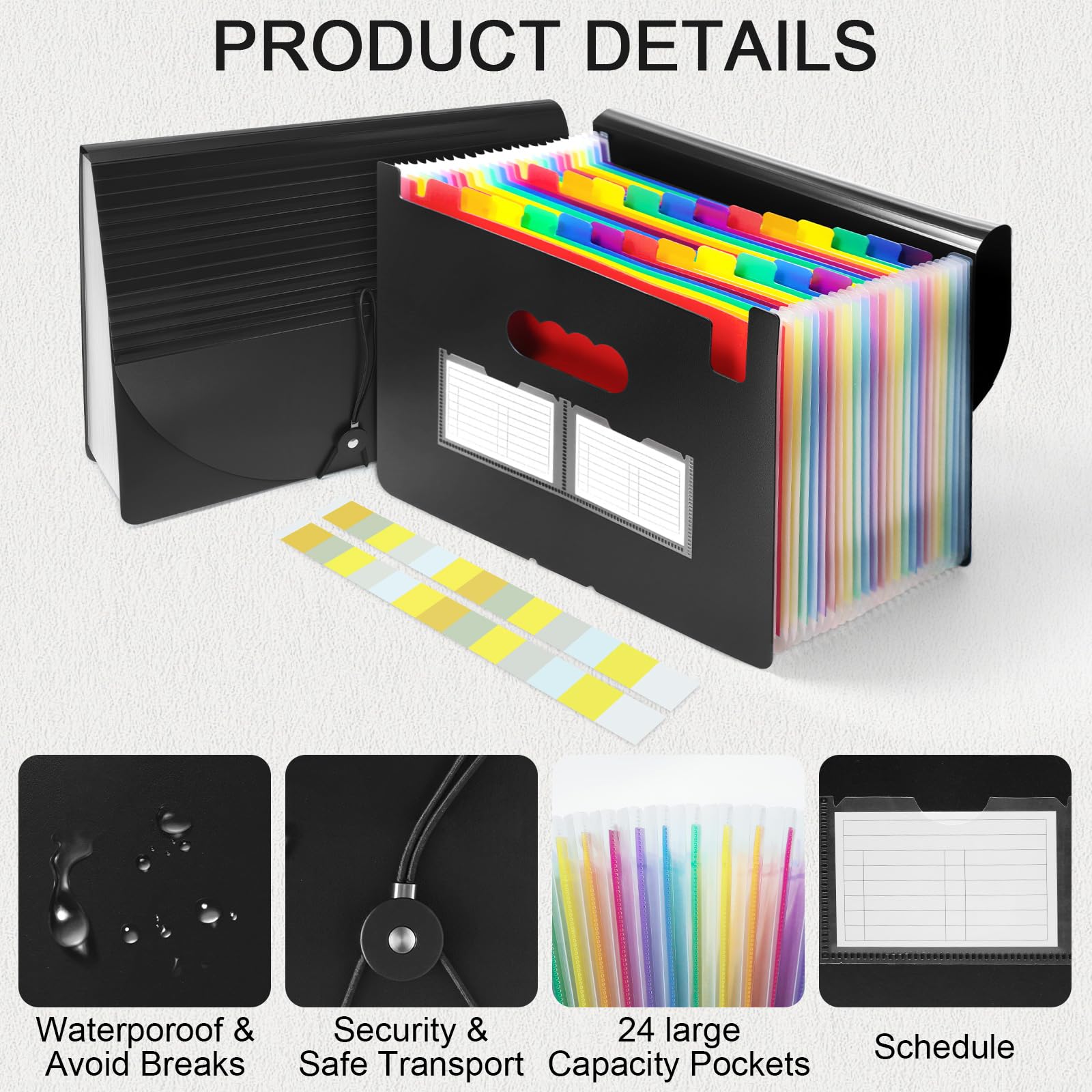 2 Pack 24 Pockets Expanding File Folder with Handle, A4 Letter Size Portable Accordian File Organizer, Document Folder with Handle for School, Office, Home
