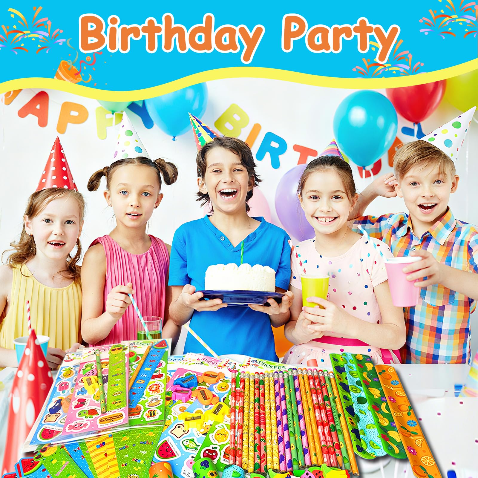 Stationery Party Packs, Birthday Goodie Bags with Stickers Rulers Pencils Erasers Sharpeners Slap Bracelets for Goodie Bags Classroom Return Gifts Class Birthday Gifts for Student (28Pack)