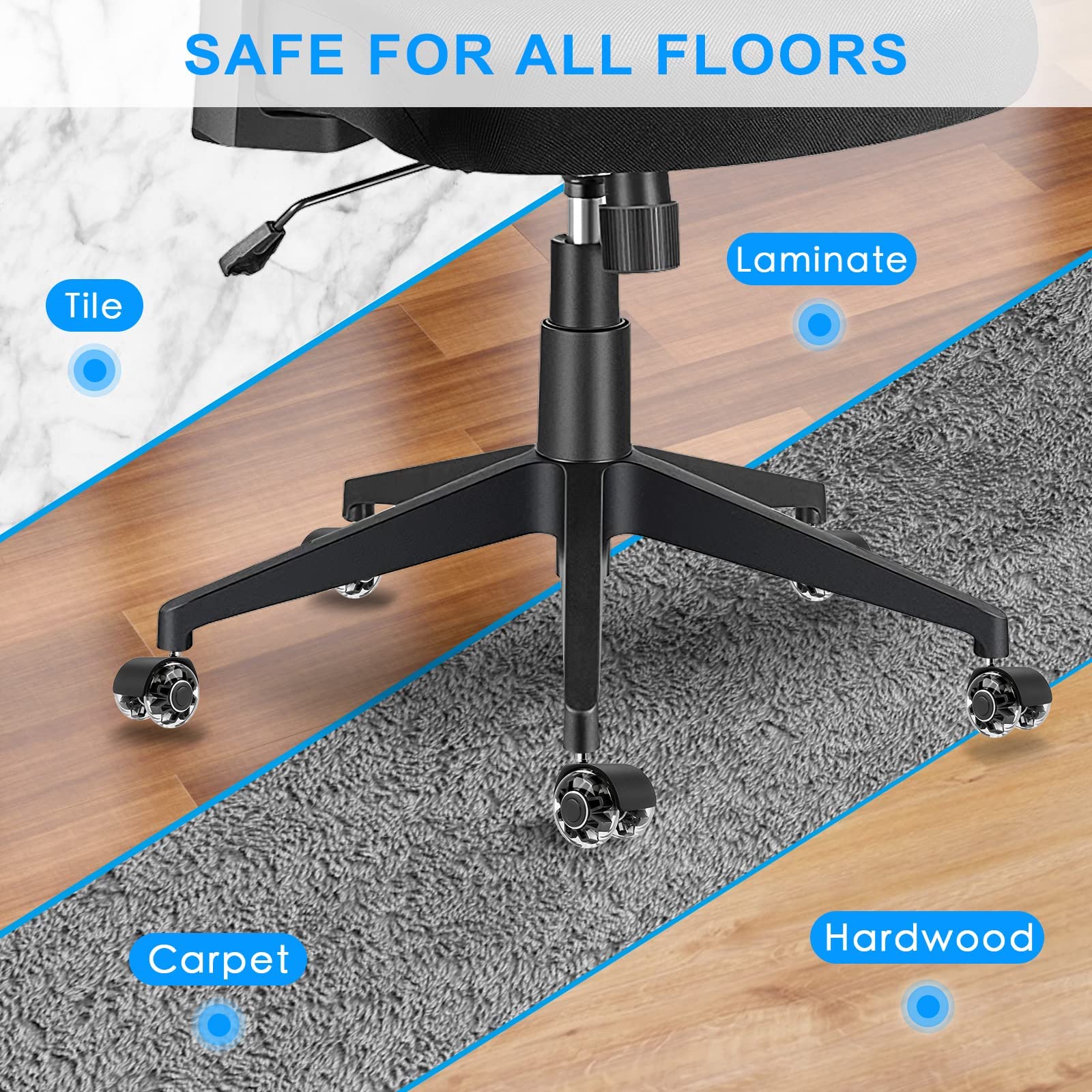 Office Chair Caster Wheels (Set of 5),Heavy-Duty Chair Wheels Support 2200lbs,Mute Rubber Chair Casters for Hardwood Floors and Carpet,2 Inch Universal Fit,casters for Hardwood Floors (Black)