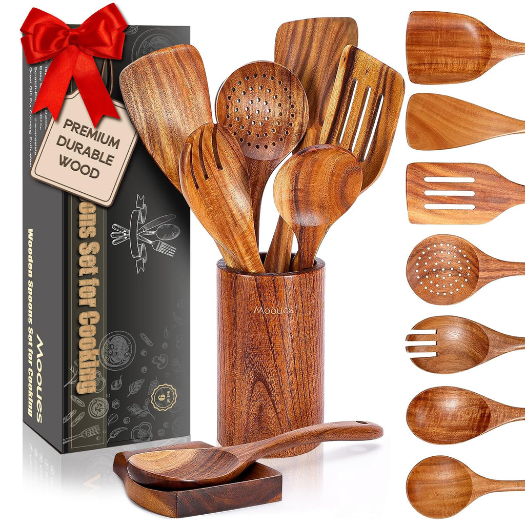 Wooden Spoons for Cooking, Wooden Utensils Set with Spoon Rest for Cooking, Natural Teak Wood Utensils Set NonStick Comfort Grip (9 PCS)