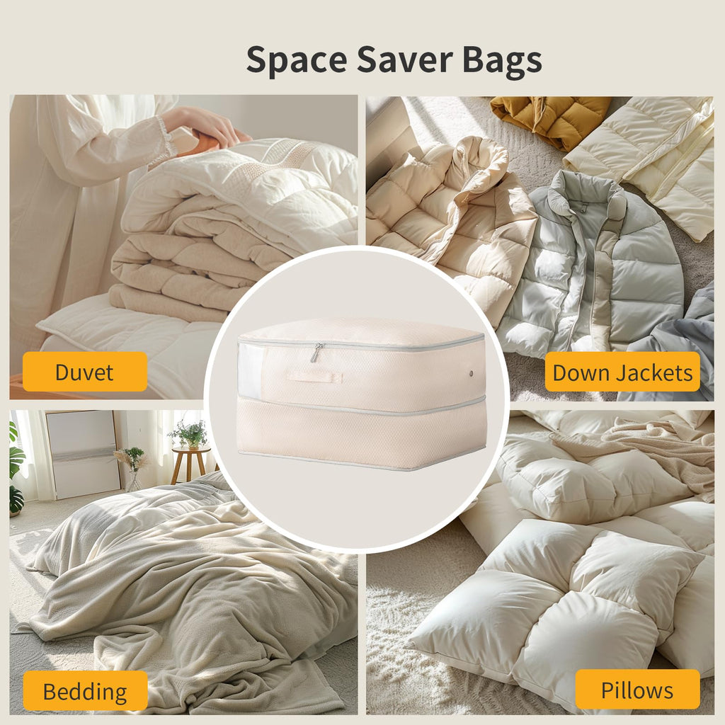 DIMJ Blanket Storage Bag Compression Organizer -3 Pack 198L Ultra Space Saving Self Compression Organizer with Clear Window Washable Compression Bags for Comforters Duvet Bedding, Dorm, Beige