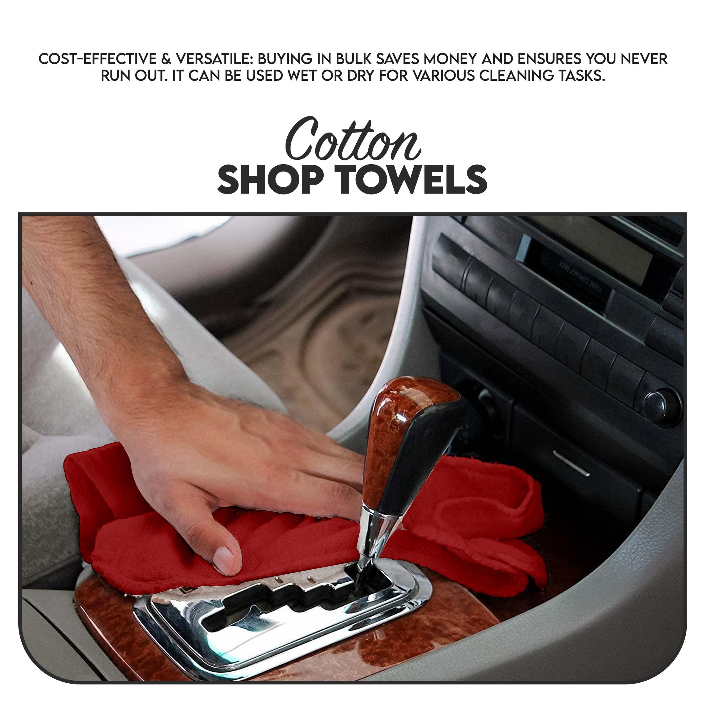 CH Cotton Shop Towel – Absorbent Shop Towels (14" x 12" - Pack of 100 - Red) Multipurpose Cleaning Towels for Automobiles, Industries, Garages, and Homes