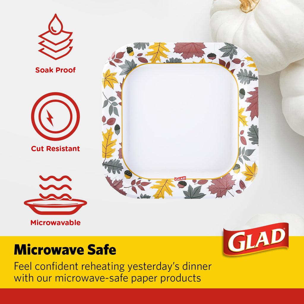 Glad Everyday Square Disposable Paper Plates with Falling Foliage Design | Cut-Resistant, Microwavable Paper Plates for All Foods & Daily Use | 10 Inches, 50 Count