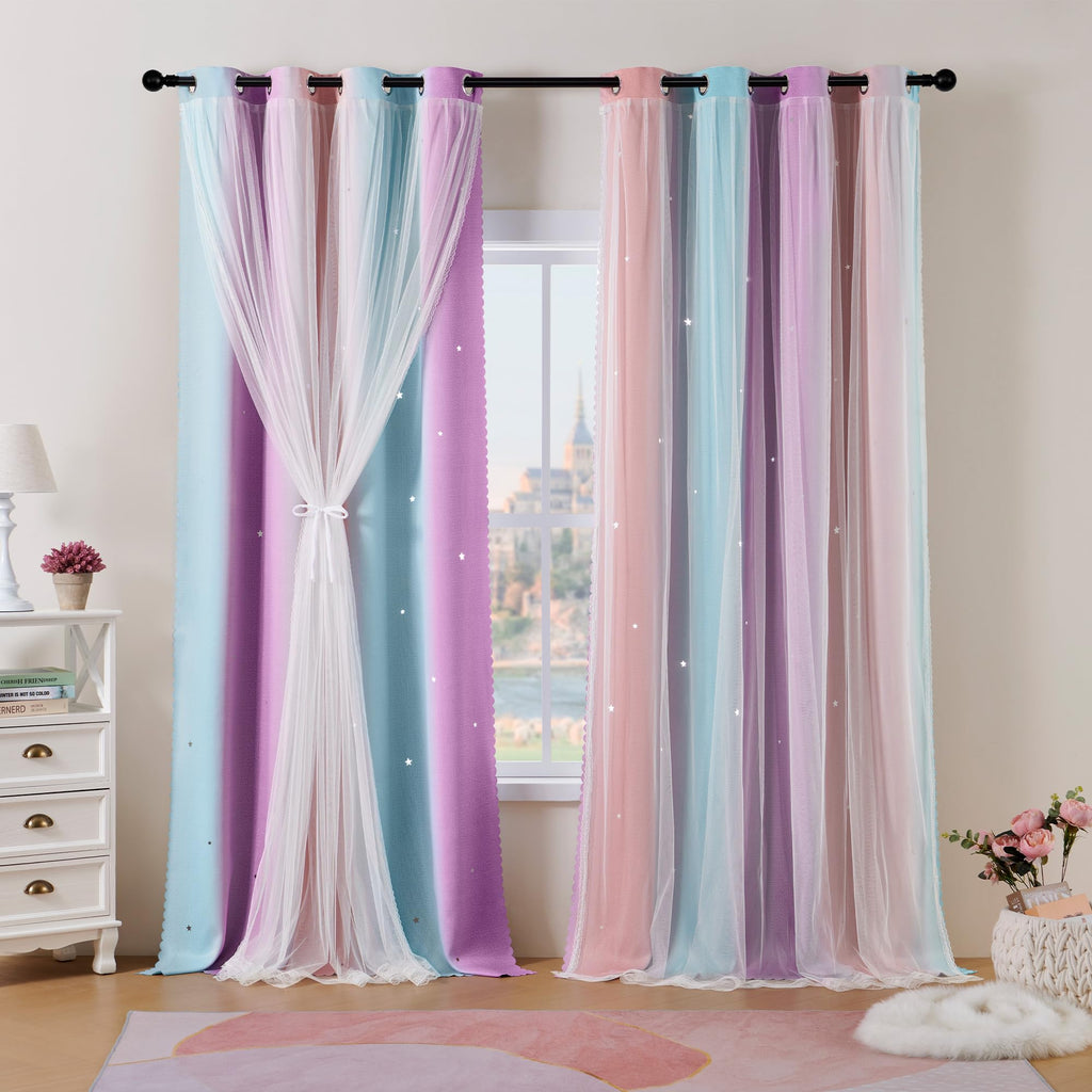 Best Baisite Curtains for Girls Bedroom 2 Panels Kids Blackout Curtains Nursery Princess Room Decor Star Rainbow Curtain for Daughter Window Grommet Rideaux Unicorn Wall Decal(PinkBluePurple,34"x63")
