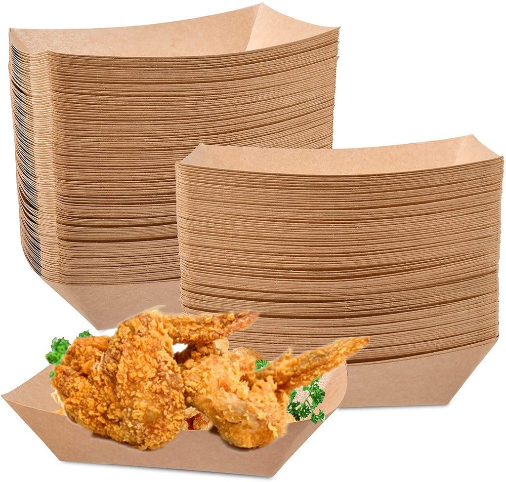 Paper Food Boats, 100 PCS Disposable Brown Kraft Snack Trays, Salad Dressing Plates, Greaseproof Souffle Cups French Fries Taco Holder Party Serving Bowls for Birthday Wedding Picnic BBQ Parties