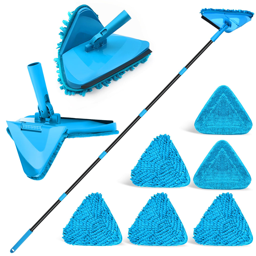 NEWE Wall Mop Cleaner with 80 inches Long Handle, 180° Folding Ceiling Cleaning Tool with Squeegee for Washing Painted Walls, Triangle Baseboard Scrubber 4 Chenille Duster and 2 Microfiber Pads