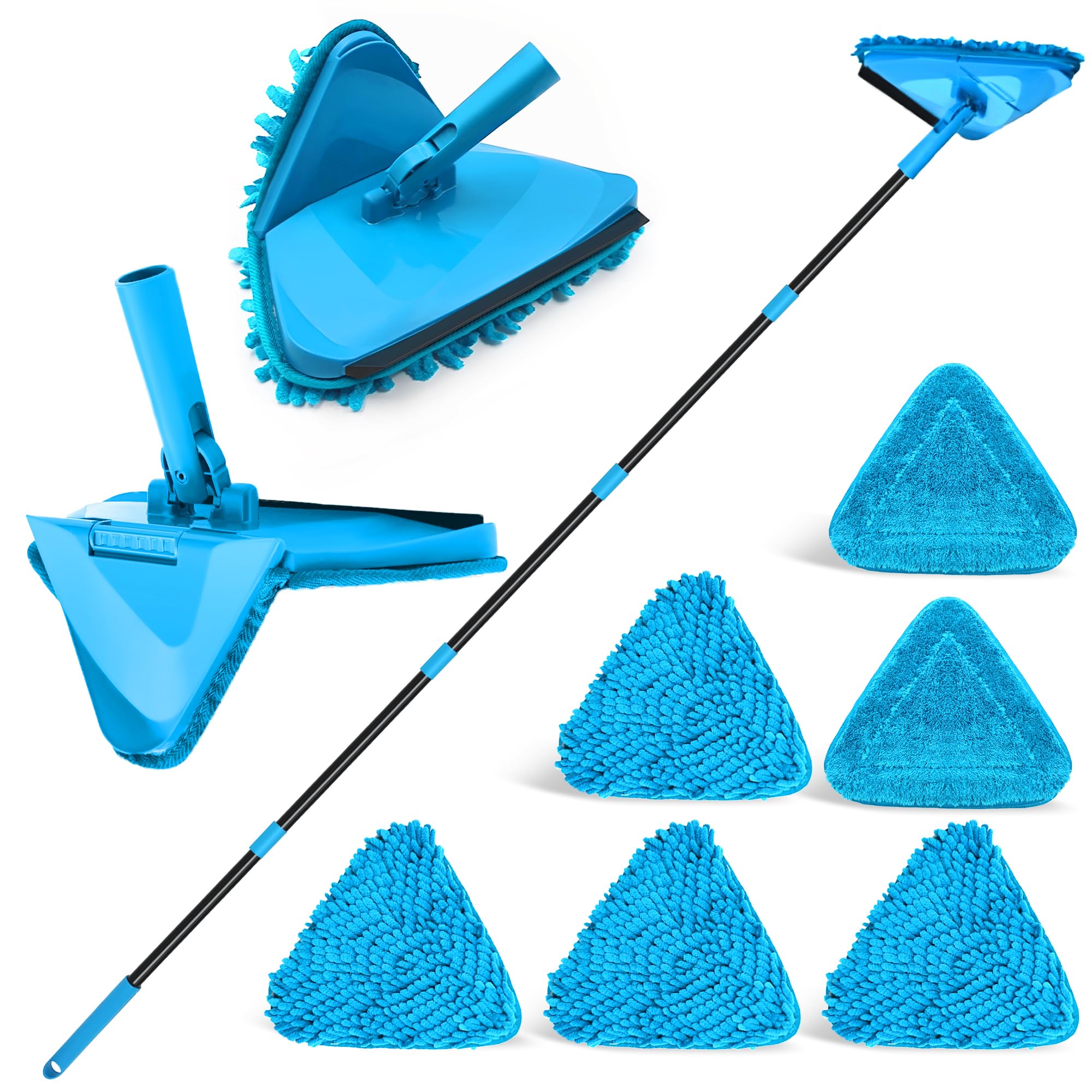 NEWE Wall Mop Cleaner with 80 inches Long Handle, 180° Folding Ceiling Cleaning Tool with Squeegee for Washing Painted Walls, Triangle Baseboard Scrubber 4 Chenille Duster and 2 Microfiber Pads