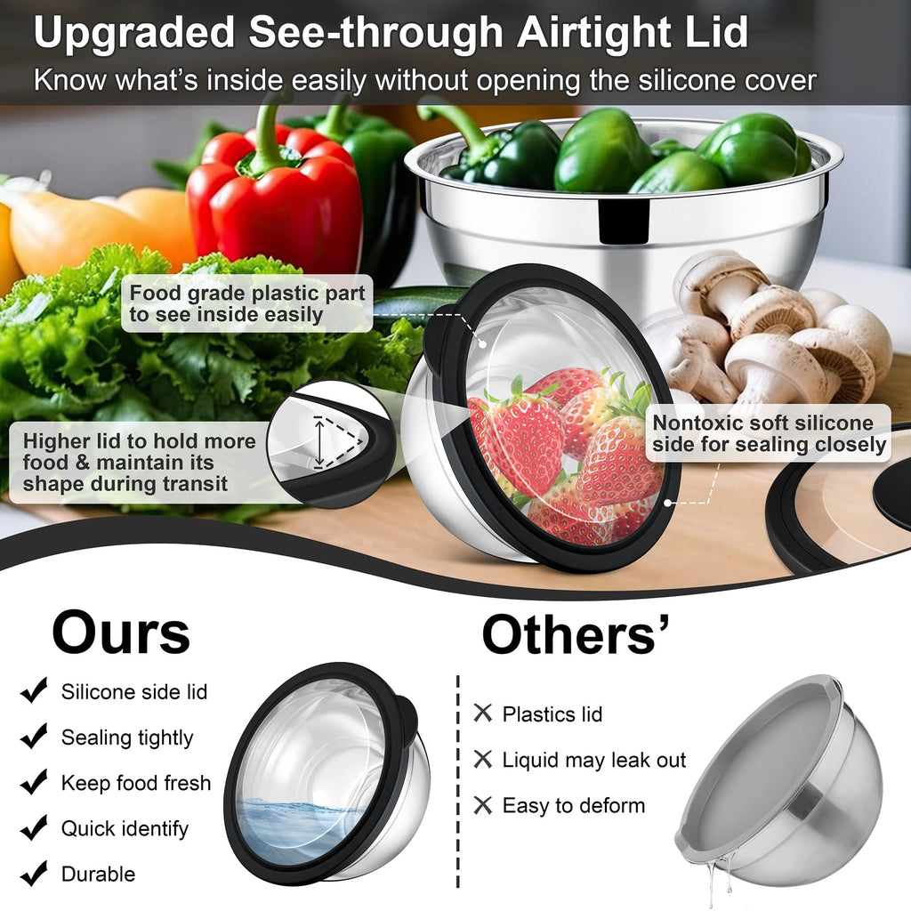 E-far Mixing Bowls Set of 5, Stainless Steel Salad Mixing Bowl with Transparent Lid, Metal Nesting Bowl Attach with 3 Graters for Kitchen Prepping/Serving/Baking/Storage, 4.6/2.6/1.5/1/0.7 QT - Black