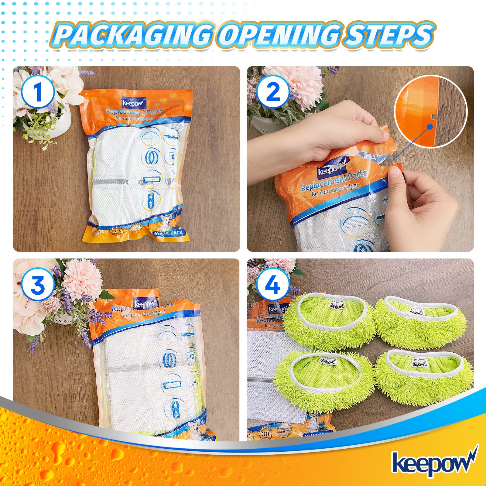 KEEPOW Reusable Microfiber Mop Pads Compatible with Swiffer Sweeper Mop, Dry Sweeping Cloths, Washable Wet Mopping Cloth Refills for Surface/Hardwood Floor Cleaning, 4 Pack (Mop is Not Included)