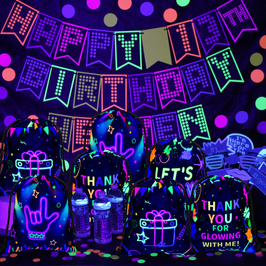 12 Pcs Neon Drawstring Gift Bags Glow Backpacks Goodie Bags Glow Party Supplies Favor Bags for Birthday Party Let’s Glow Party Decorations Glow in The Dark Party Supplies