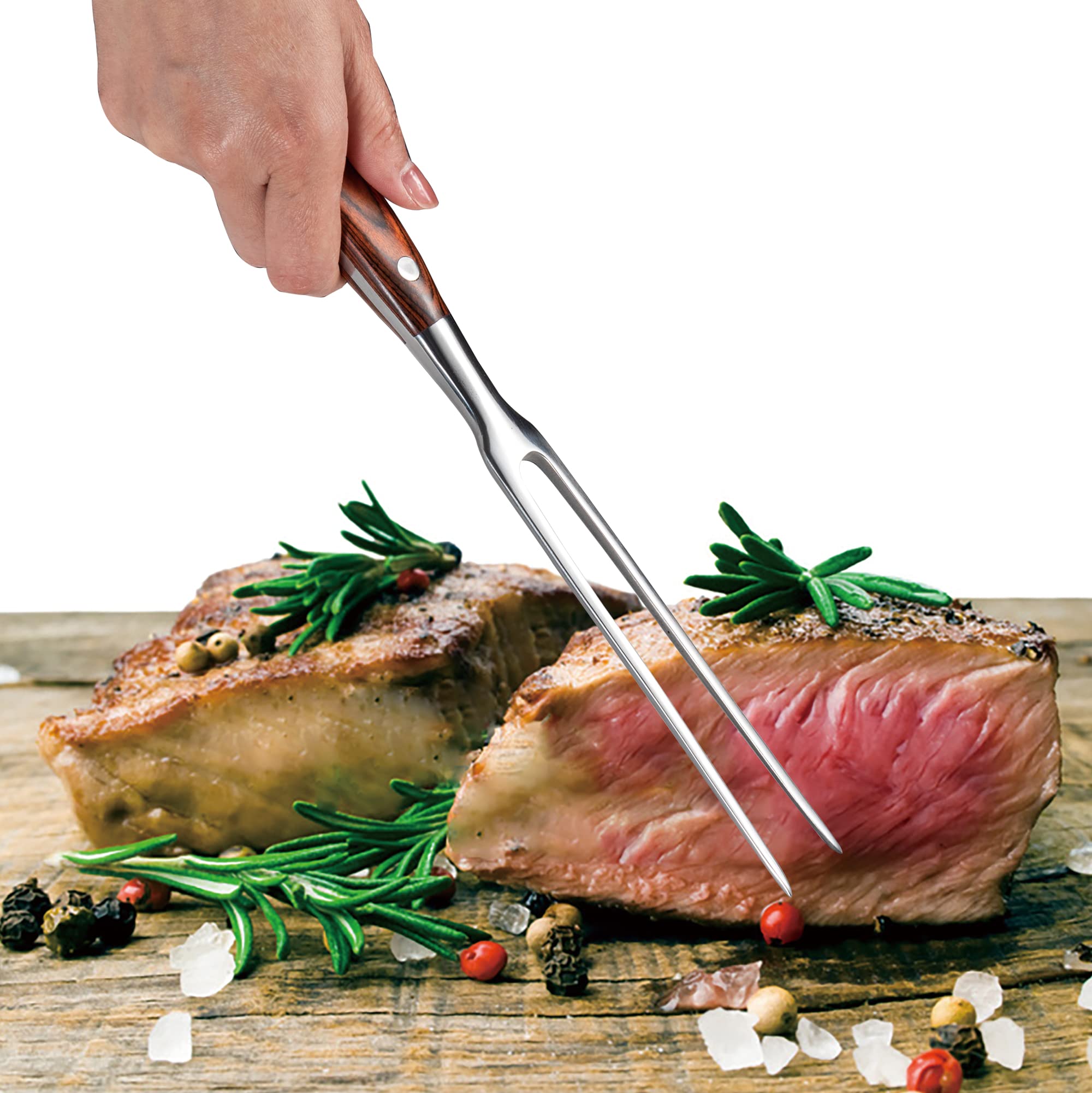 IMEEA 11.5 Inch Meat Fork Stainless Steel Carving Fork with Wooden Handle Two Prong Fork Meat Cooking Fork Barbecue Fork for Chicken Turkey Beef