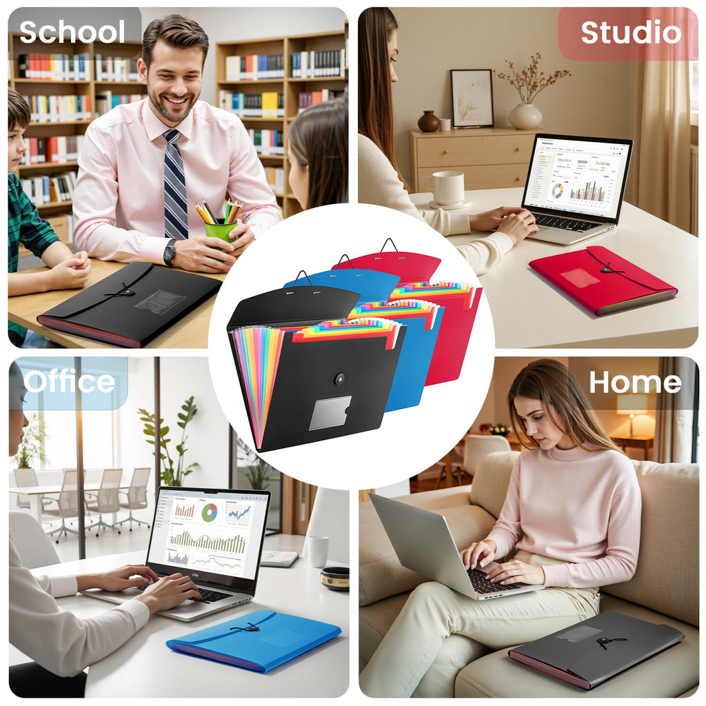 3 Pack Accordion File Organizer with Elastic Closure, 13 Pocket Expanding File Folder for Letter Size A4 Papers, Ideal for Home, Office Supplies, College Essentials