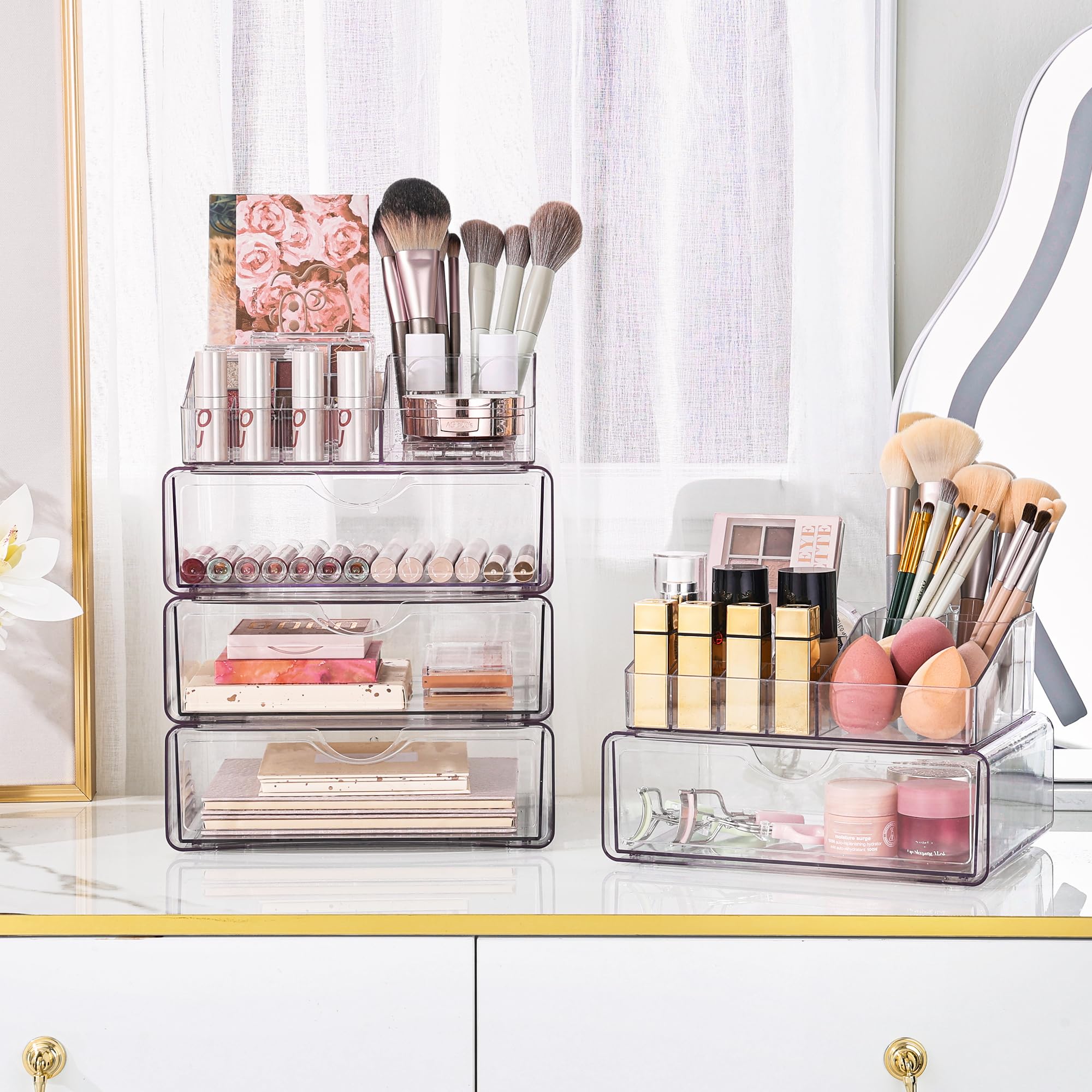 Vtopmart 3 Tier Clear Makeup Organizer with Drawer, Cosmetic Storage for Dresser Countertop and Bathroom Vanity, Skincare Organizer for Lipstick Brush Holders