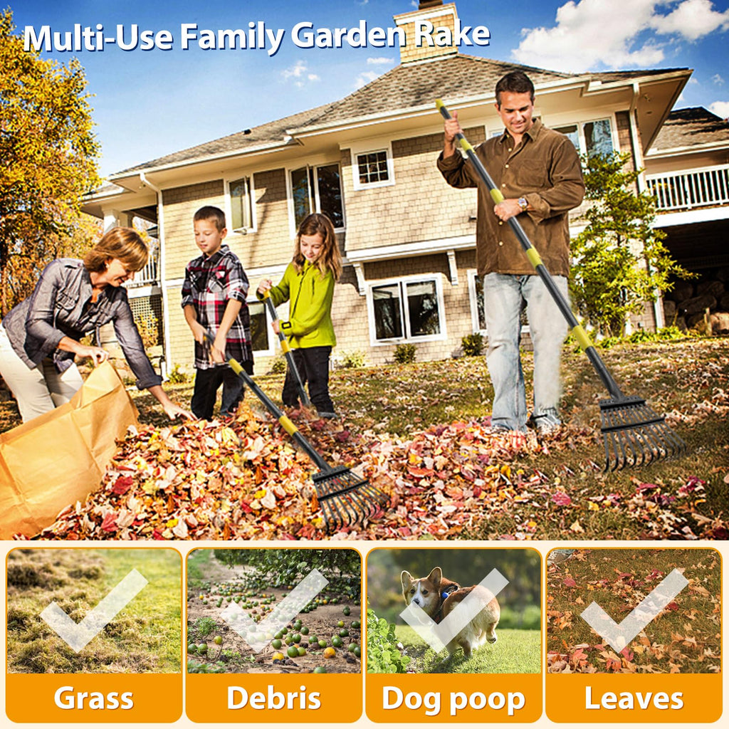 Rake for Leaves, Leaf Garden Rake, Yard Rakes for Lawns Heavy Duty, Metal Tools with 9" Small Narrow Rake Head, 37”-79” Adjustable Long Handle, 11 Steel Tines, Quick Clean up Rake for Shrub, Camping