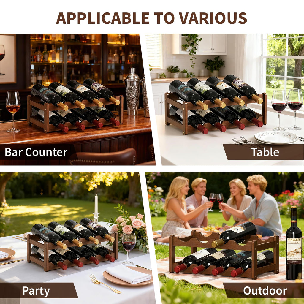 CAMOAT Wine Rack | 2-Tier Bamboo Wine Rack Organizer | Freestanding Floor & Countertop Wine Holder for 8 Bottles | Sturdy Wine Shelf | Perfect for Kitchen,Cabinets,Home Bar,Wine Storage (1, 2-Tiers)