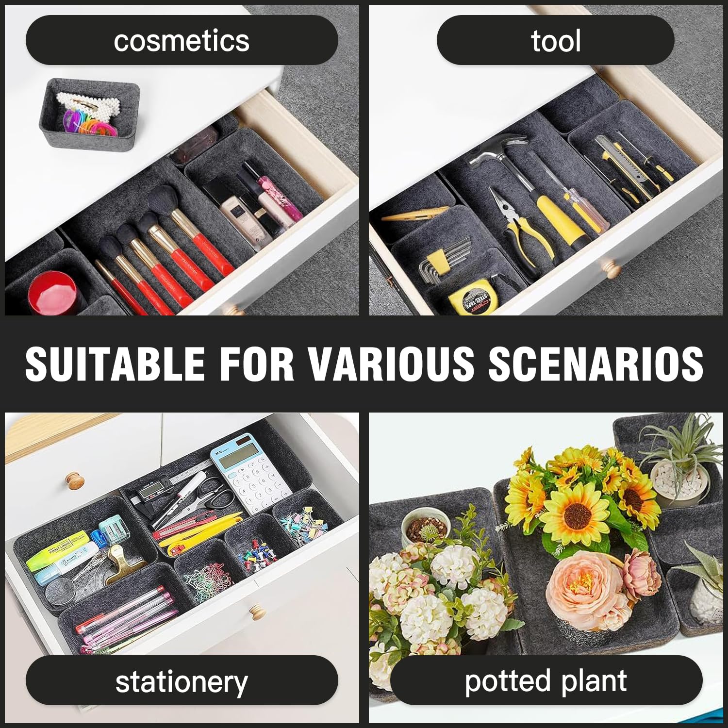 Pack of 8 Felt Drawer Organiser,Stackable Felt Storage Boxes,felt organizers,Drawer Organiser System,Dressing Table Organiser,drawer dividers for Desk,Bedside Table,Cupboard (Dark Grey)