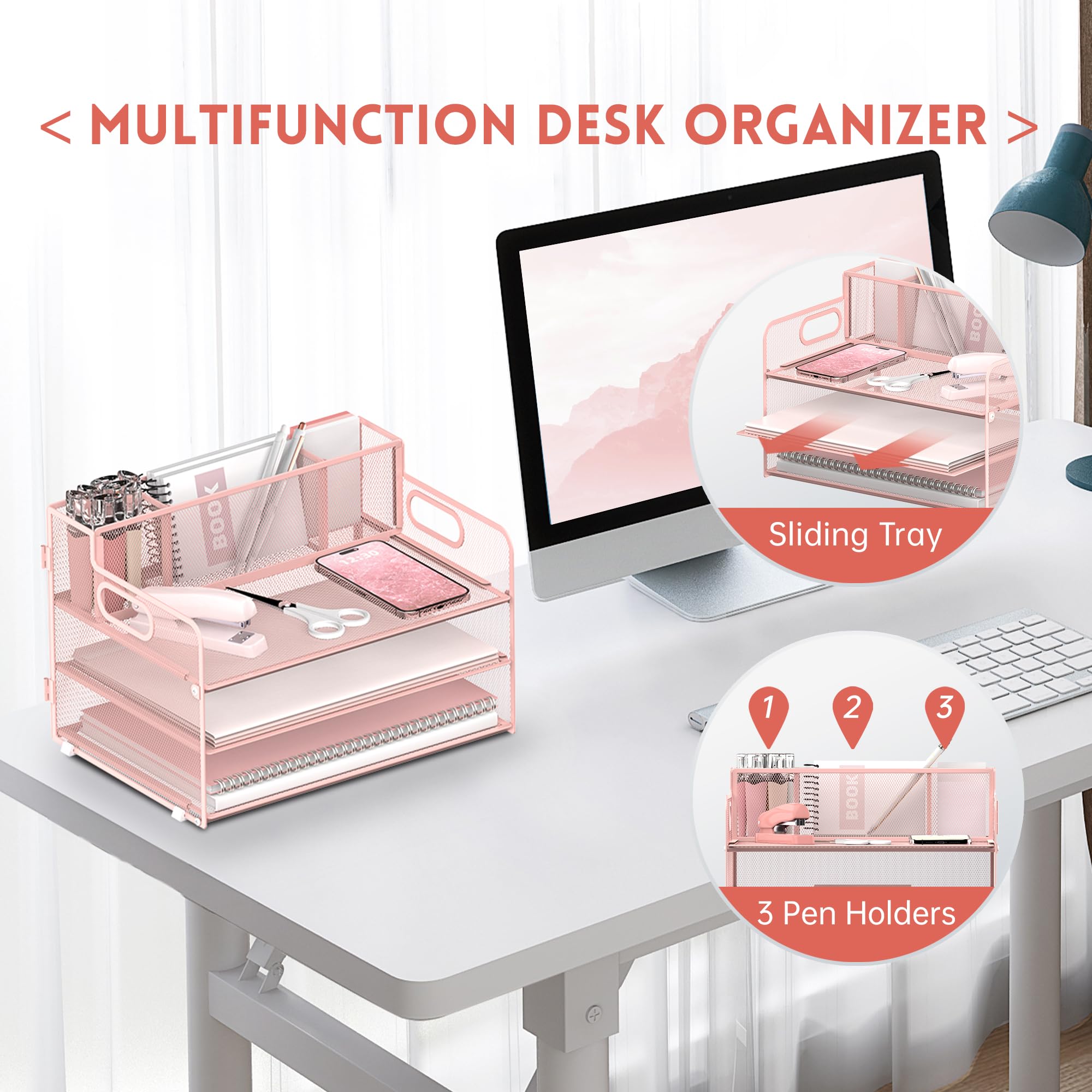 JMHUD 3-Tier Paper Letter Tray Organizer with Pen Holder, Mesh Desk Accessories & Workspace Organizers with Handle, File Sorter Office Supplies for Desk,Pink
