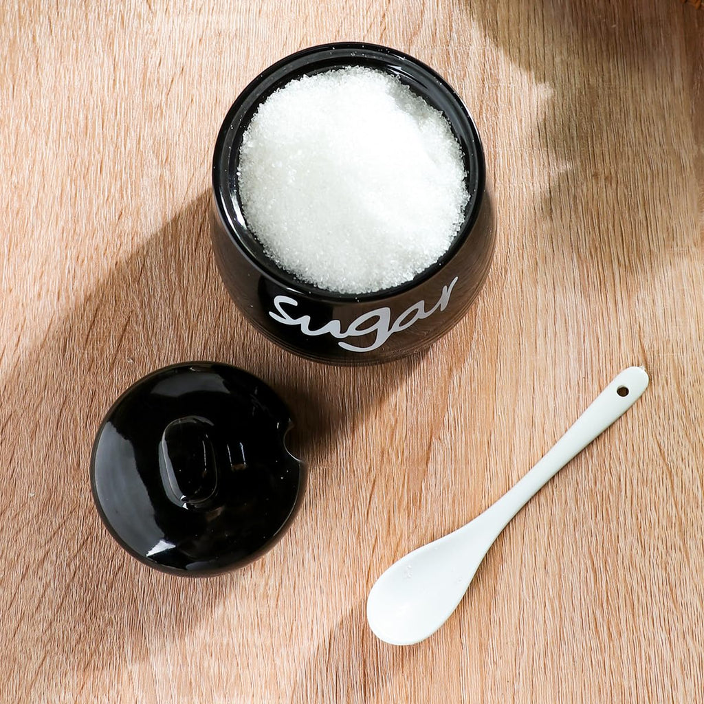 Ymyaye Ceramic Sugar Bowl with Lid and Spoon, 12oz Porcelain Sugar Jar for Home and Kitchen Decor (Black)