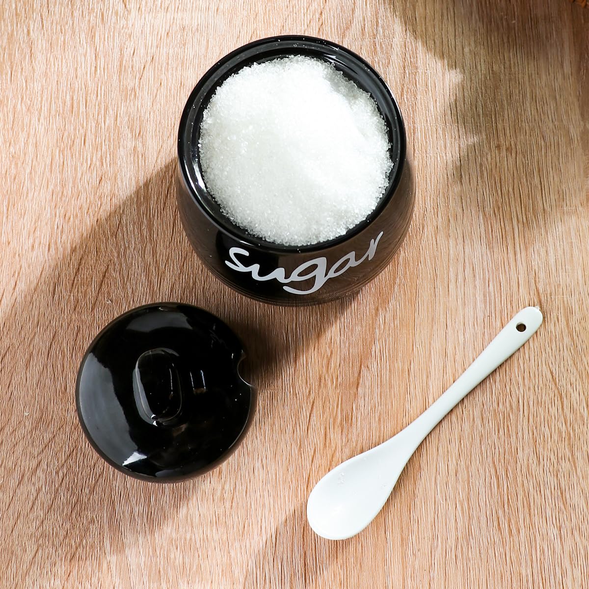 Ymyaye Ceramic Sugar Bowl with Lid and Spoon, 12oz Porcelain Sugar Jar for Home and Kitchen Decor (Black)