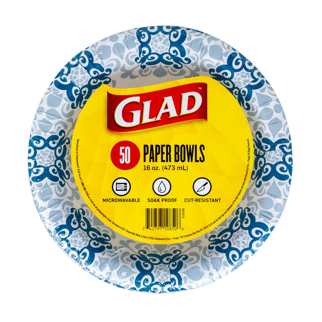 Glad Round Disposable Paper Bowls, Green Victorian Design - Heavy Duty, Soak Proof, Cut-Resistant, Microwavable Bowl for All Foods & Daily Use, 16 Oz, 50 Count
