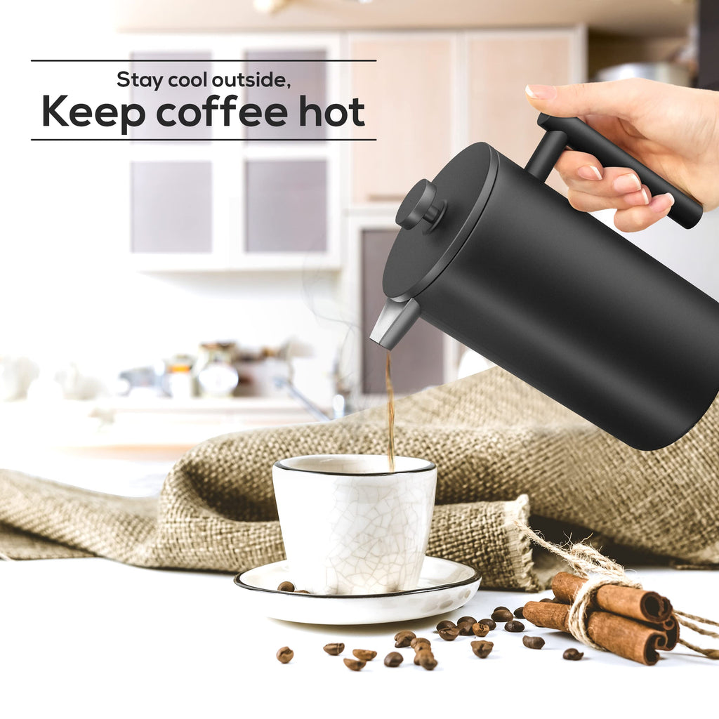 KICHLY - 50 OZ French Press, Stainless Steel Double Walled Insulated Coffee Press with Refined Filters, Espresso and Tea Maker - Black