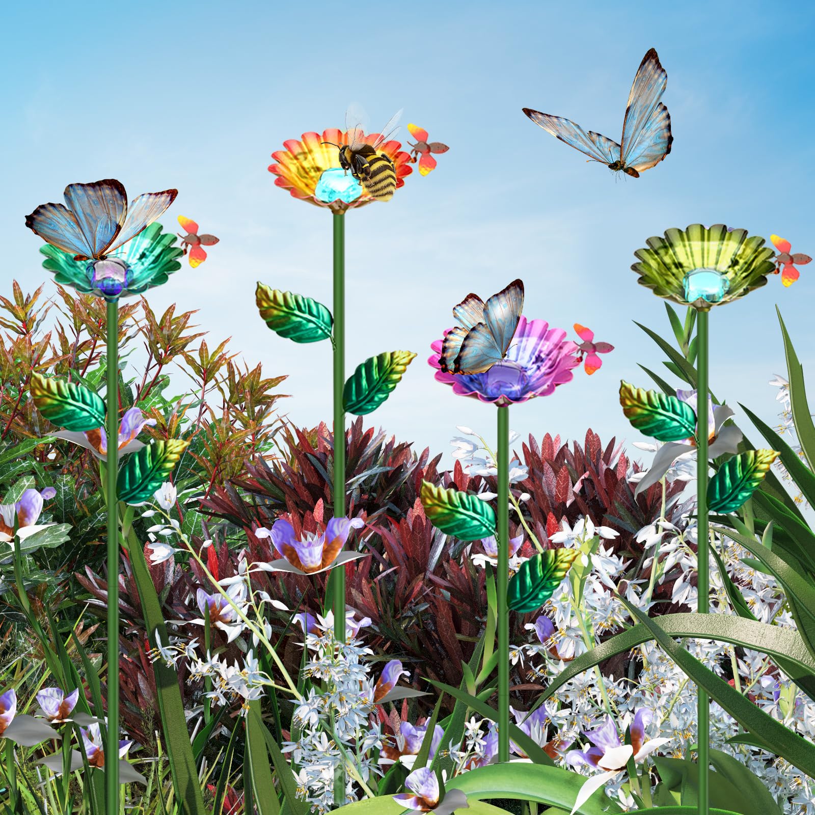 Bee Watering Station 4 Pack,Bee Cup Metal Colorful Flower Design,for Bees and Butterflies Bath,with Design-Sense Colored Glass Beads,for Outdoor Garden Yard Decor