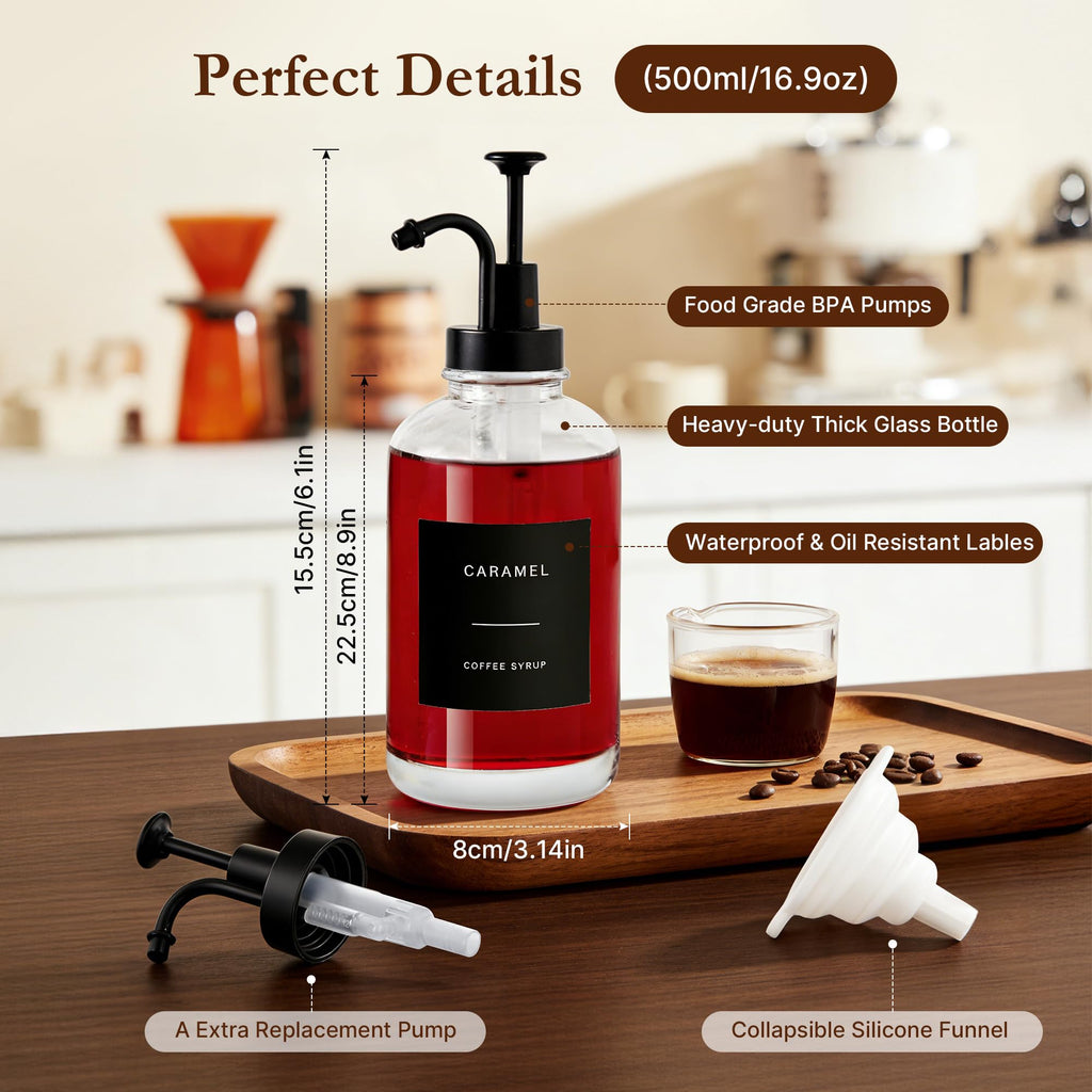 2 Pack Coffee Syrup Dispensers, 16.9oz/500ml Thick Glass Bottles with Pump, Waterproof Labels & DIY Templates, Syrup Dispenser Set for Coffee Bar Accessories, Ideal Gift for Coffee Lovers