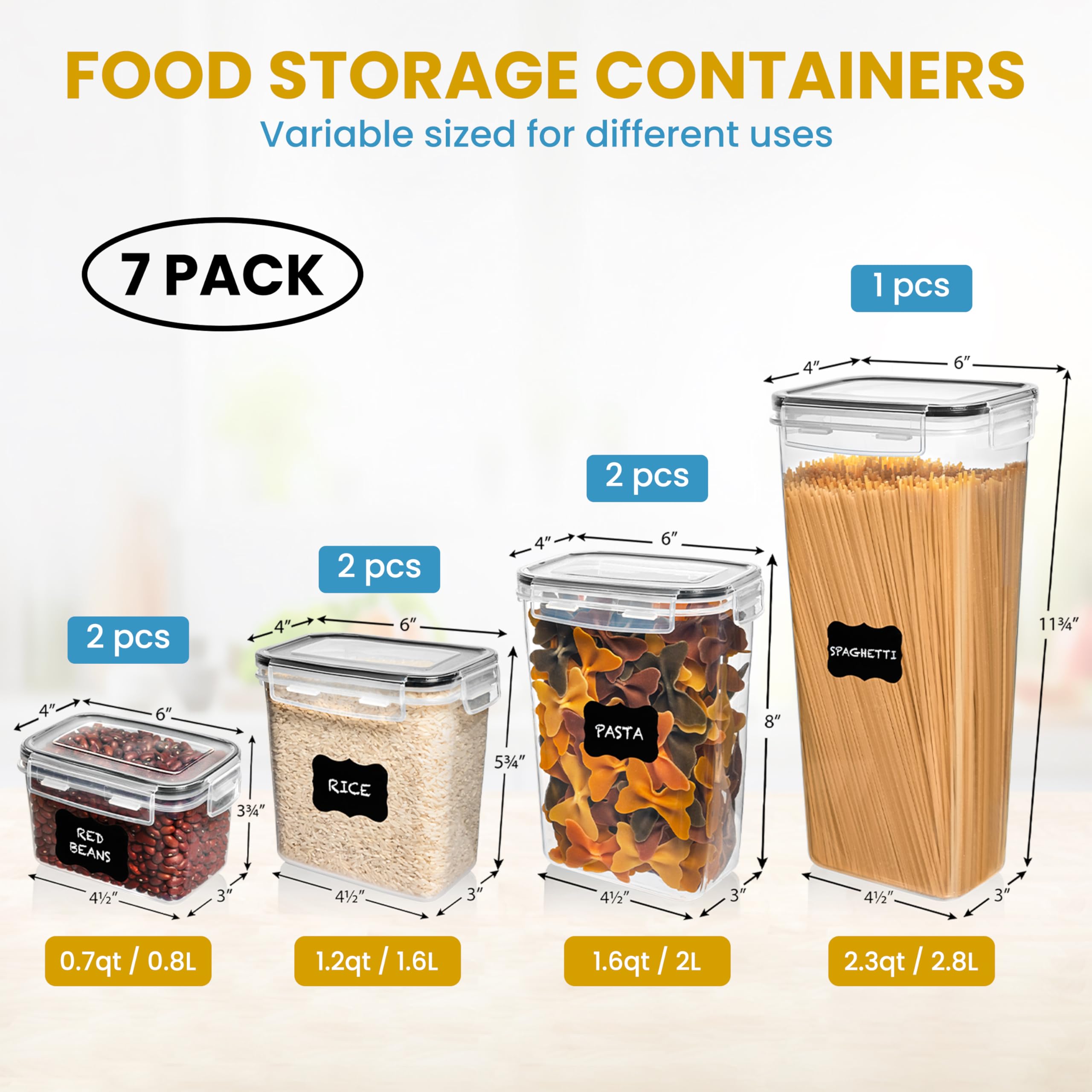 Shazo 7PC Food Storage Containers with Lids, Airtight Food Storage Containers Set for Pantry Organization, BPA Free Kitchen Canisters for Flour Sugar Pasta Cereal, Stackable Kitchen Storage Containers