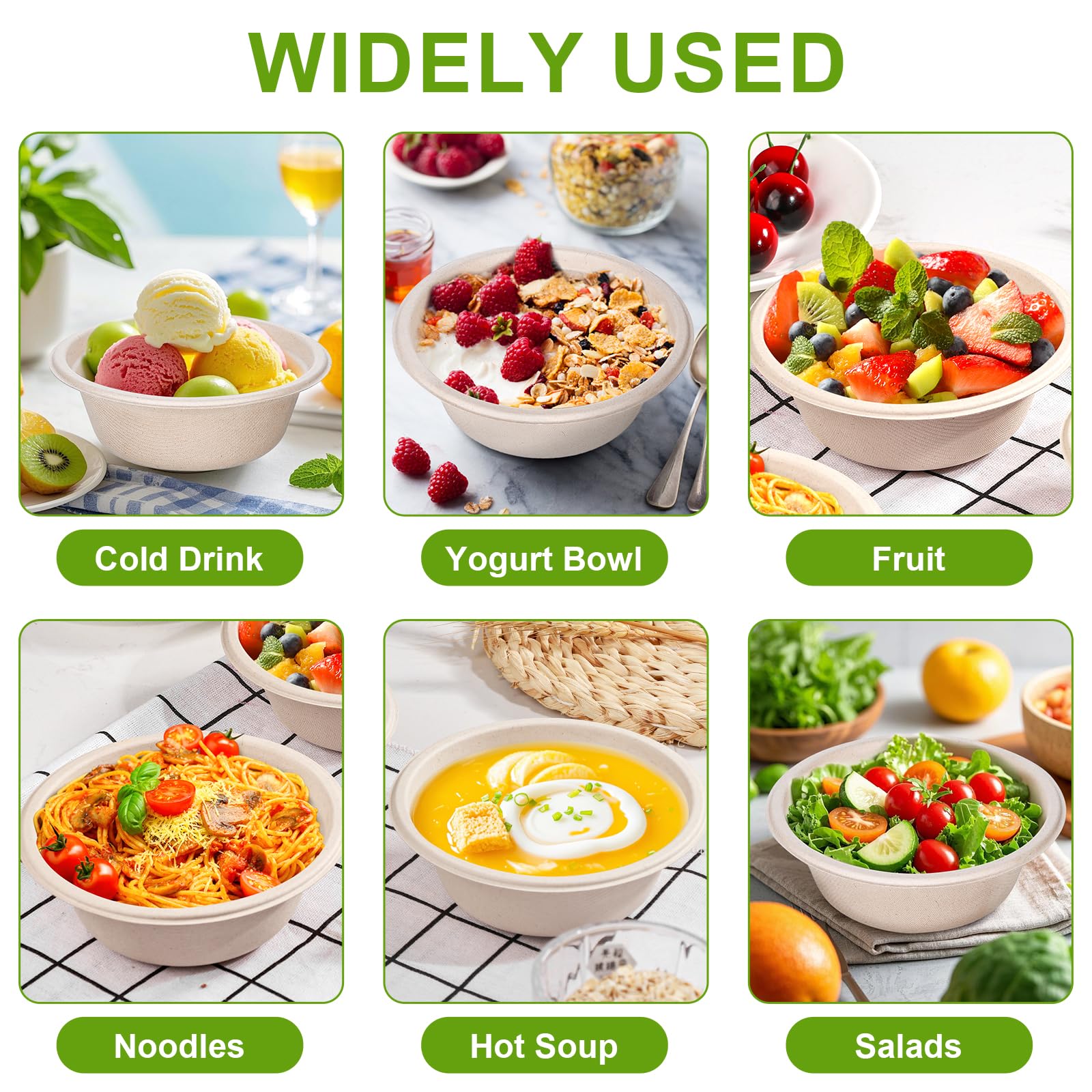 150 Pack 12 OZ Paper Bowls, Compostable Biodegradable Disposable Soup Bowls Bulk Heavy-Duty Round Eco-Friendly Sugarcane Bowls Hot Cold Food Serving Plates and Bowl for Salad, Dessert, Chili for Party