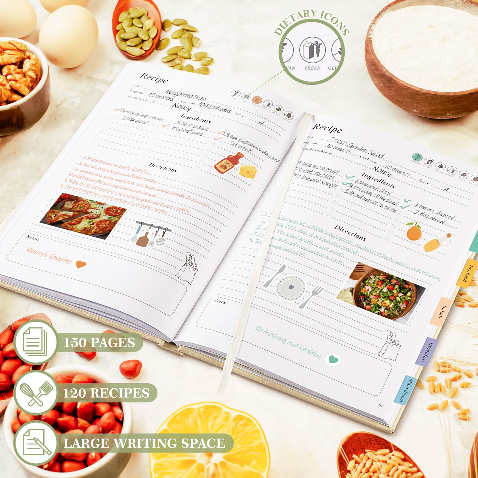 Lanpn Blank Recipe Book Cookbook to Write in Your Own Recipes, Waterproof B5 Empty Cooking Journal for 120 Recipes, Leather Cover Recipe Notebook with Stickers to Organize Your Family Recipes, Green