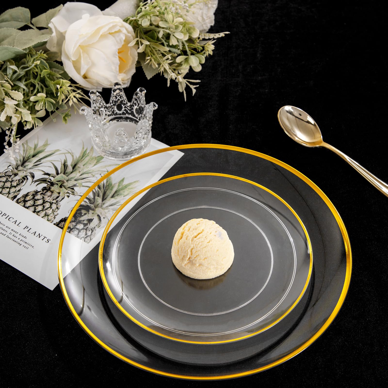 LIYH 60 Pcs Clear and Gold Plastic Plates Heavy Duty Clear Disposable Plates for Party Gold Plastic Plate for Wedding Birthday Include 30 Dinner 30 Dessert Plate