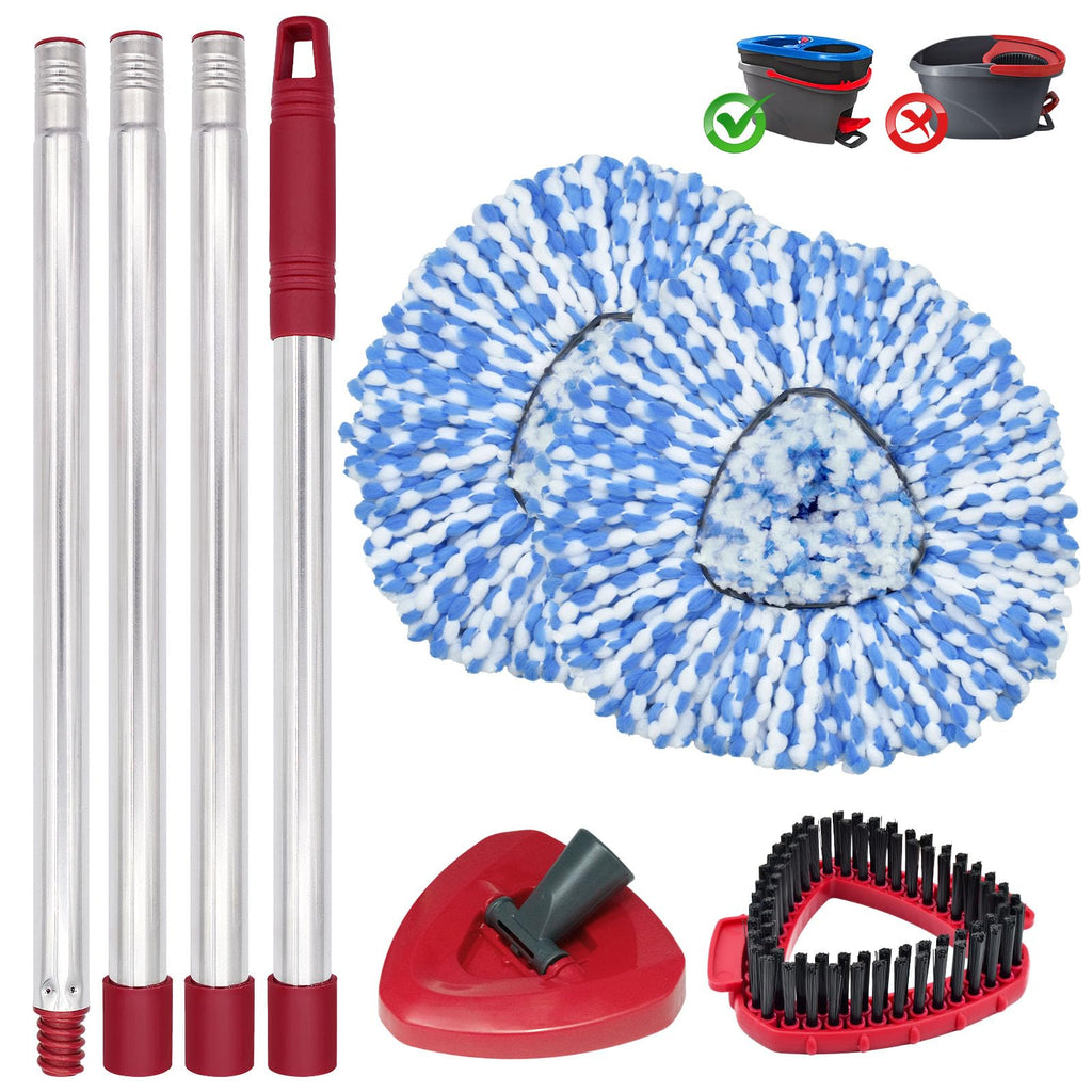 DLAIMI Spin Mop Head Replacement, Base, Mop Handle Replacement for Vileda RinseClean, 2 Microfiber Refills, 4-Section 30-59in Mop Stick, Cover and Scrubber(2-Tank System)