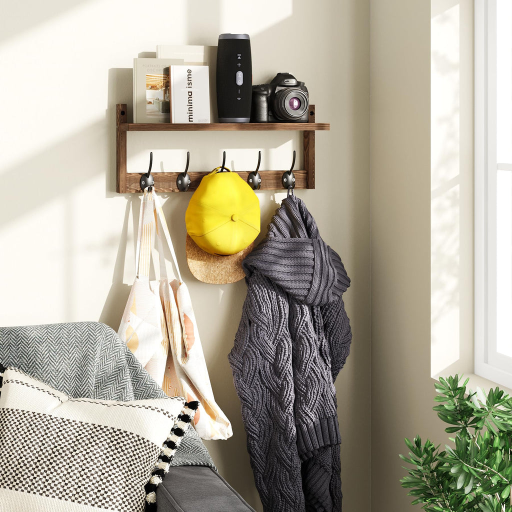 AMBIRD Retro Brown Wood Wall Mount Coat Hook Rack with 5 Dual Hooks and Shelf for Bathroom, Bedroom, Kitchen, Entrance