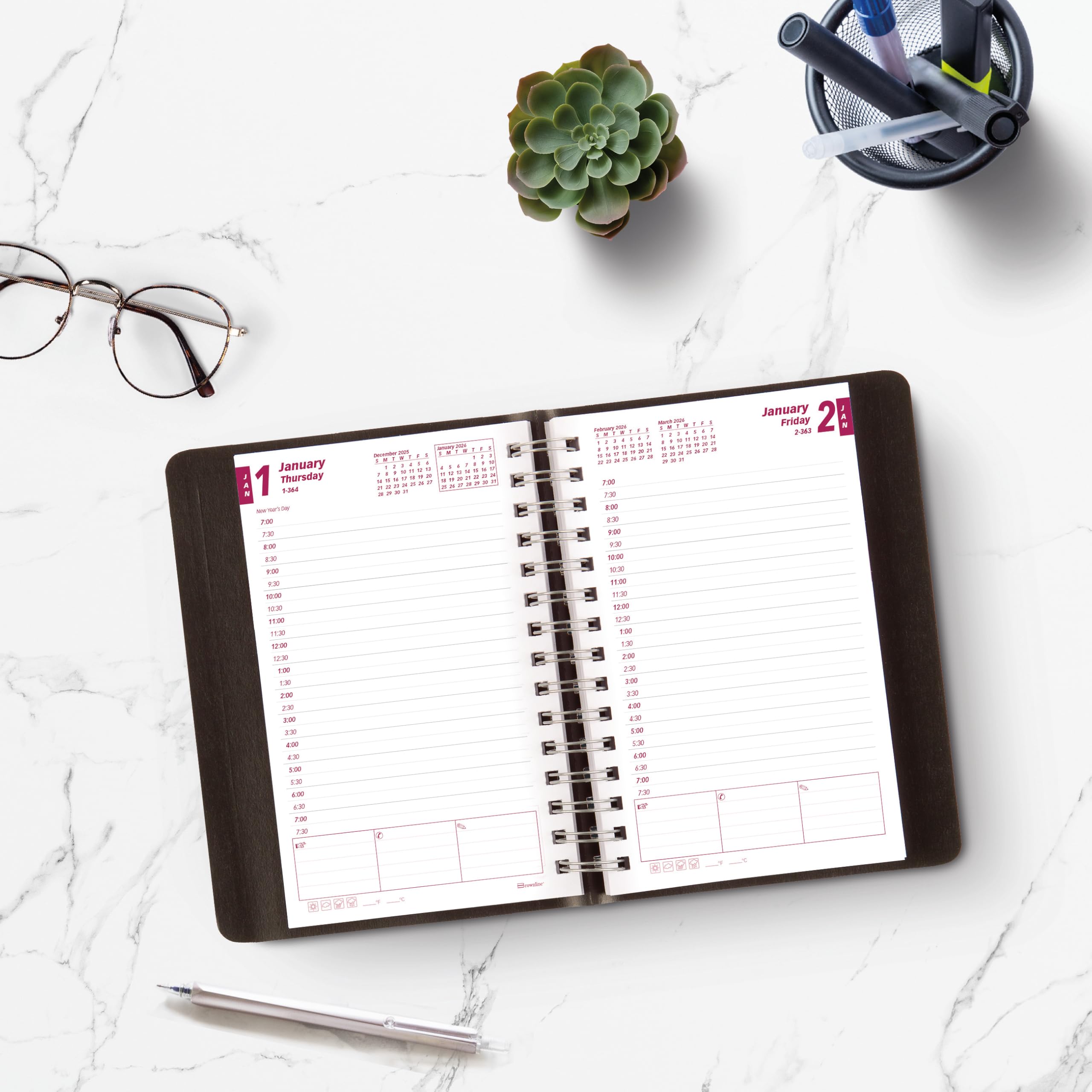 Brownline® 2026 Essential Daily/Monthly Planner, Appointment Book, 12 Months, January to December, Twin-Wire Binding, 8" x 5", Black (CB634W.BLK-26)