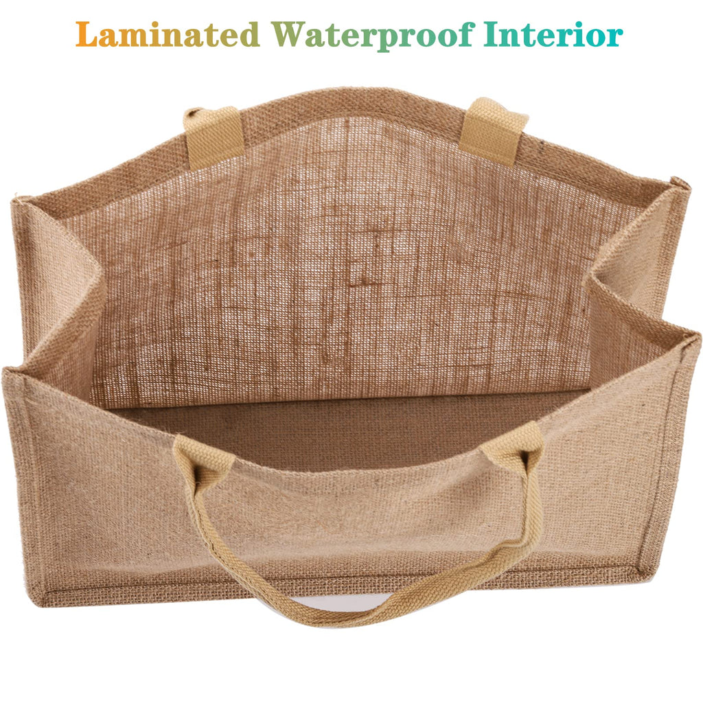 DEAYOU 6 Pack Large Jute Burlap Tote Bag, Jute Beach Bag with Laminated Interior, Burlap Gift Tote with Handle, Reusable Lined Market Grocery Shopping Bag for DIY, Wedding,15.4''x12.2''x5.9''