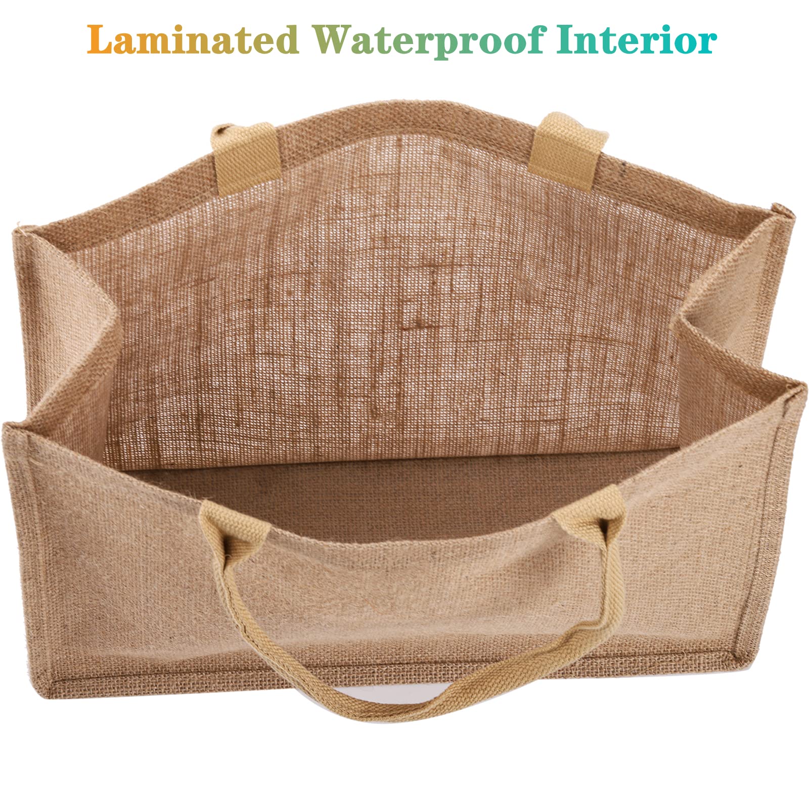 DEAYOU 6 Pack Large Jute Burlap Tote Bag, Jute Beach Bag with Laminated Interior, Burlap Gift Tote with Handle, Reusable Lined Market Grocery Shopping Bag for DIY, Wedding,15.4''x12.2''x5.9''